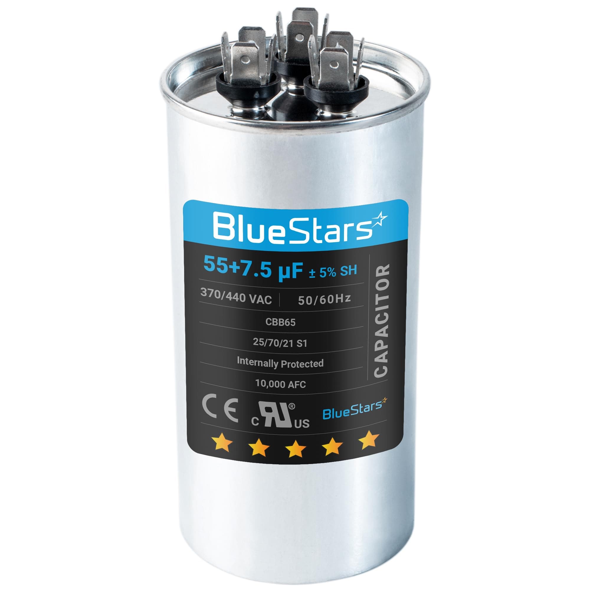 55+7.5 uf MFD ±5% 370 or 440 Volt AC CBB65B Dual Run Round Capacitor by Blue Stars - Exact Fit for Condenser Straight Cool or Heat Pump Air Conditioner - Replaces C35575R, TT-CAP-55/7.5/440