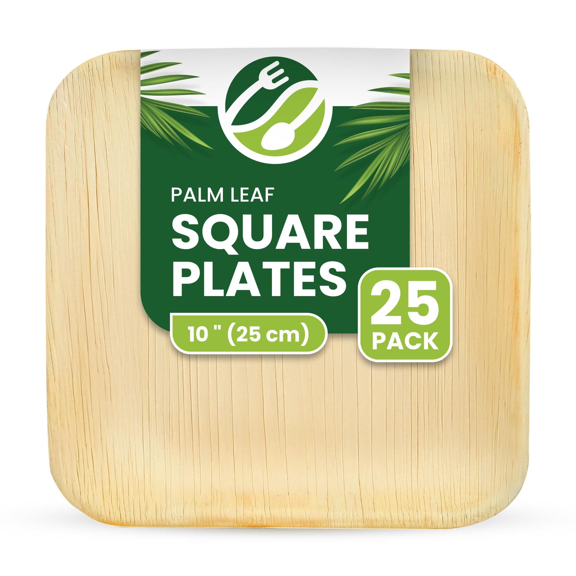 ECO Leaf 25 Disposable Palm Leaf Plates 10" (25cm) Large Square, Eco-Friendly, Biodegradable, Compostable, Durable, Oven Safe Bamboo Plates for Hot Food, Weddings, Picnics, and Parties