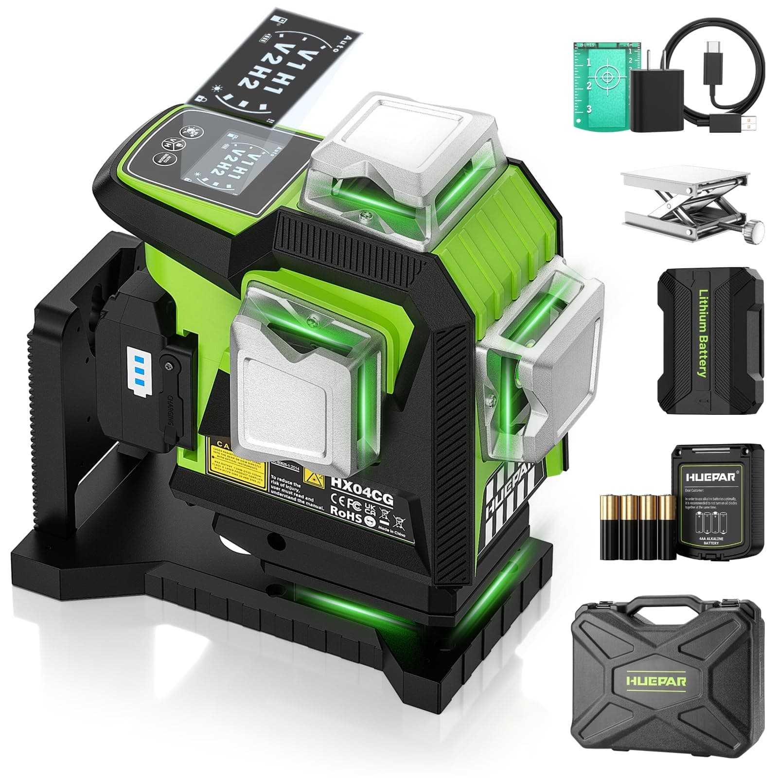 Laser Level 360 Self Leveling, 1/13 High Accuracy, 4D Green Laser Line Level with LCD Screen & Pulse Mode & Adjust Laser Brightness 4x360 Cross Line Laser -Magnetic Base, Hard Carry Case HX04CG