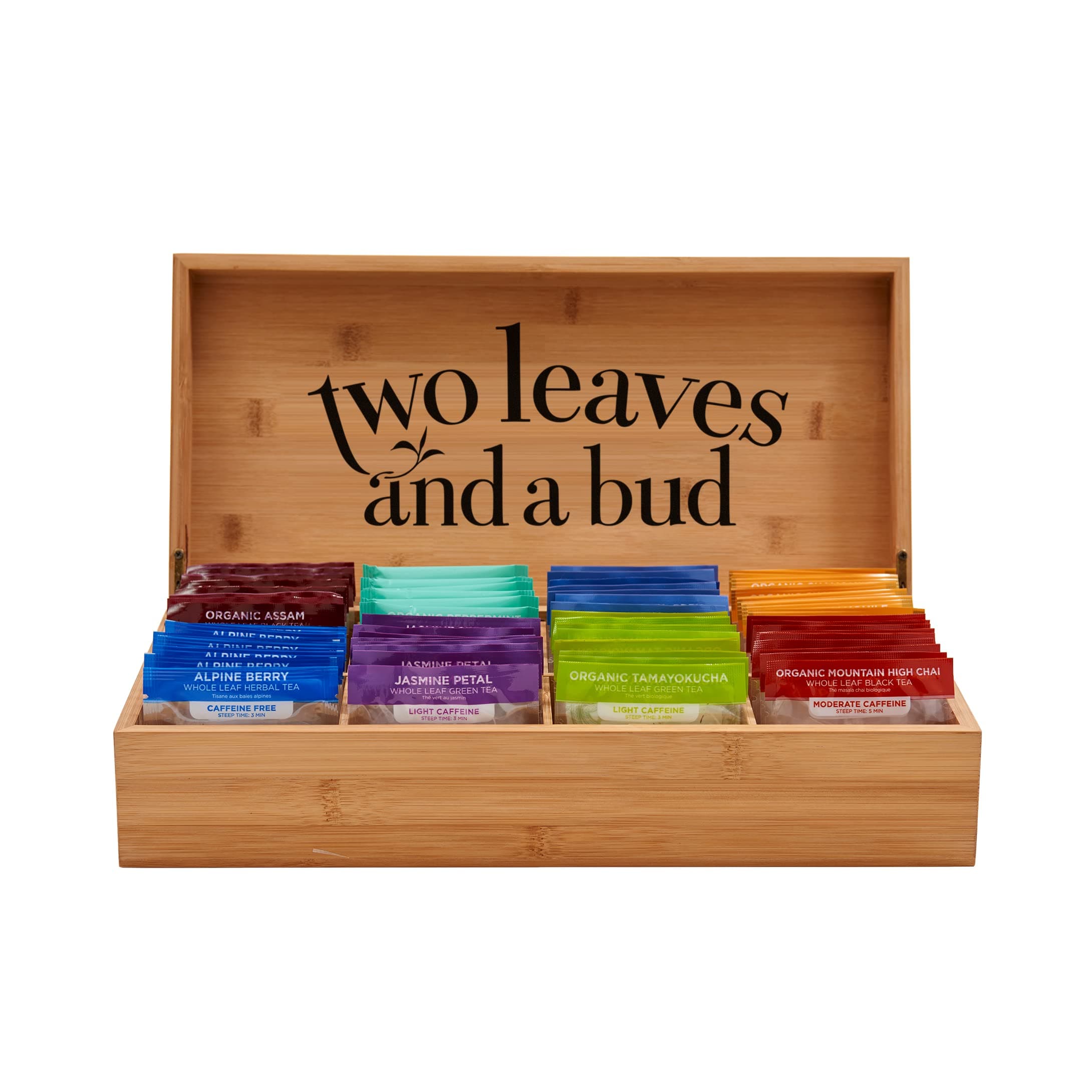 Two Leaves and a Bud Tea Sampler in 8-Slot Bamboo Presentation Box - Filled Gift Box with Tea Assortment