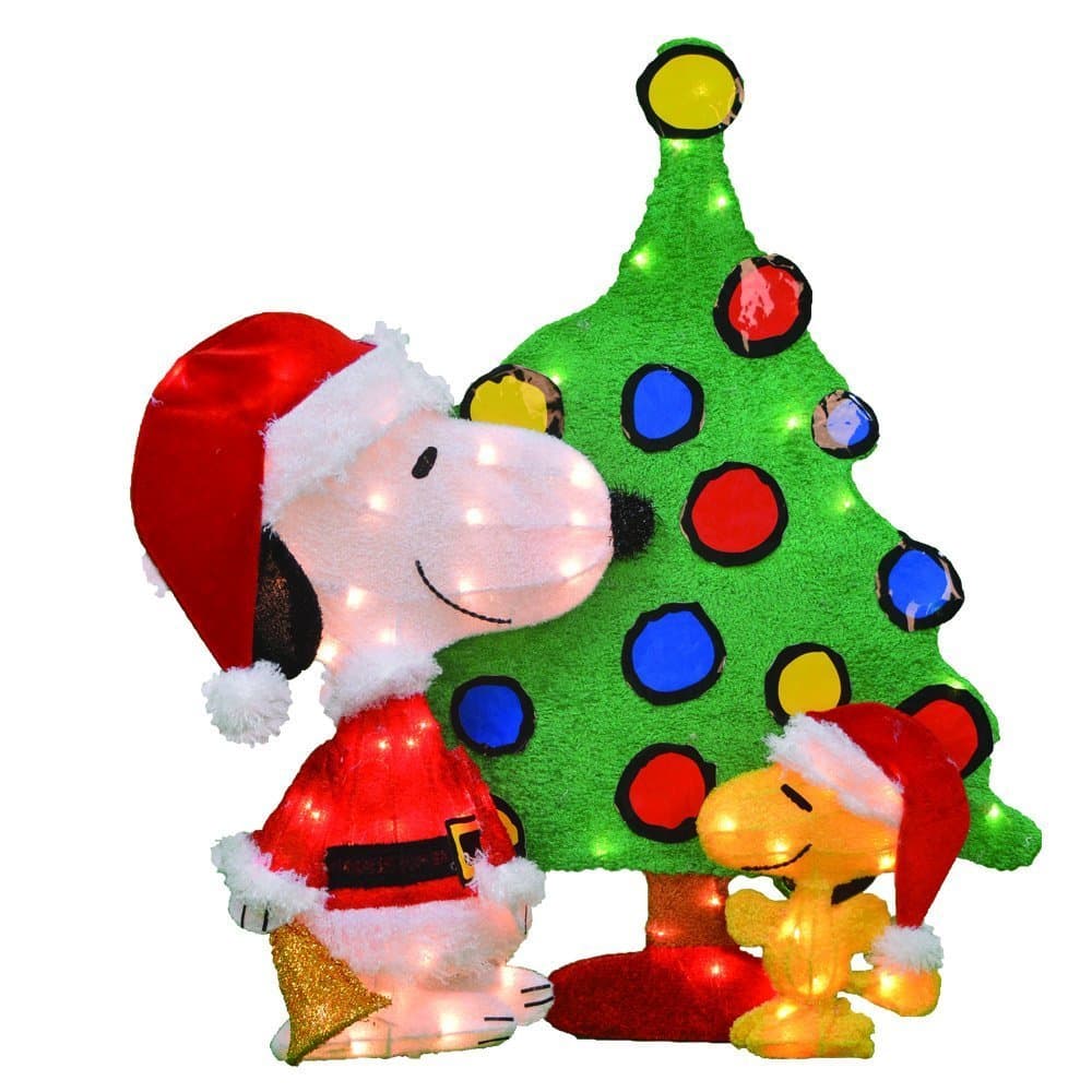 ProductWorks 32-Inch Peanuts 3-Piece Set 2D LED Pre-Lit Santa Snoopy and Woodstock Tree Christmas Yard Art, 70 Lights