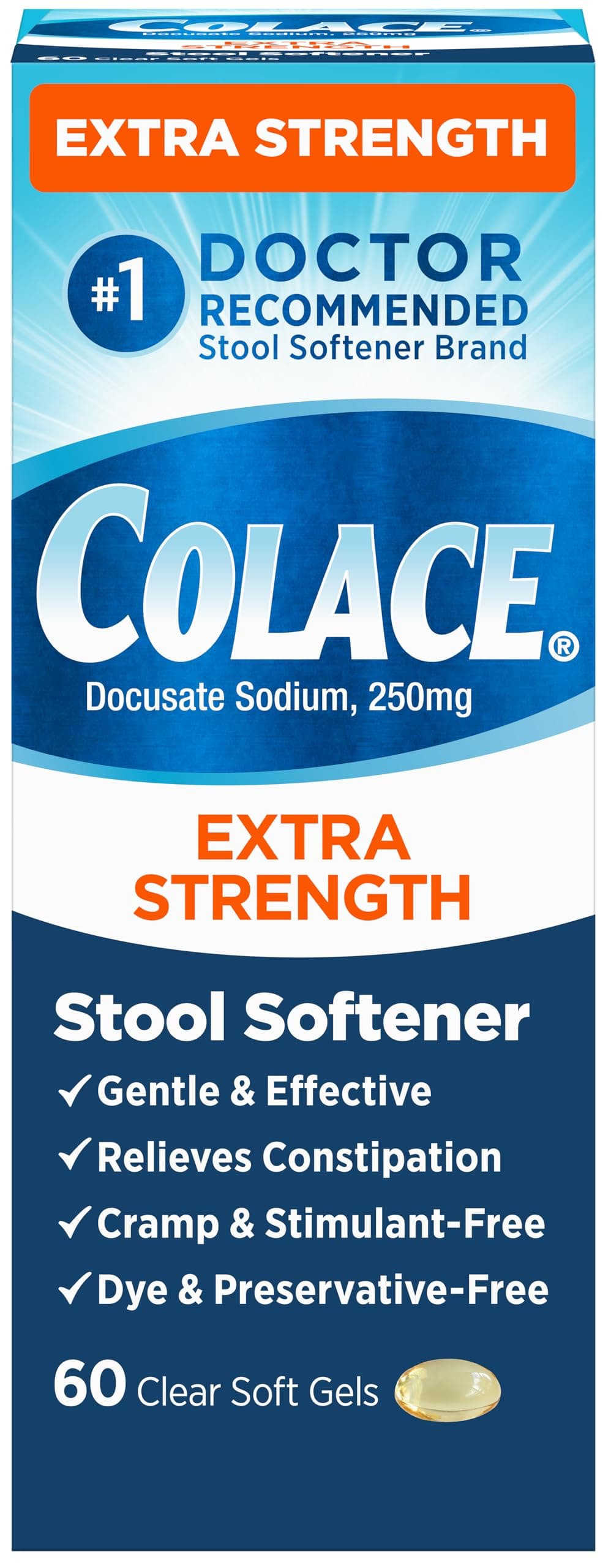 Extra Strength Stool Softener, 60 Count, Gentle Constipation Relief for Adults, 250 mg Docusate Capsules, #1 Doctor Recommended Stool Softener Brand