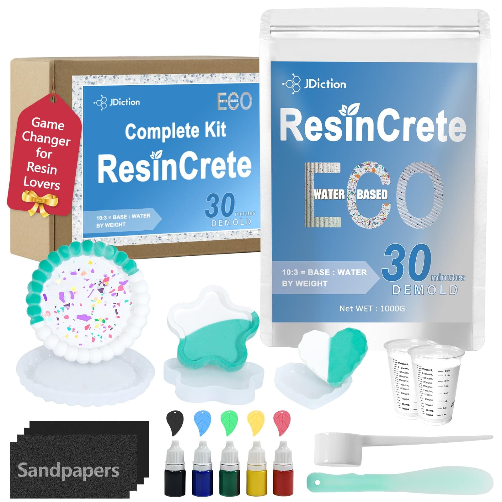 ResinCrete Kit, Complete Kit Easy for Beginners, Fast Curing, One Hour Demold, Includes Water-Based Eco-Friendly Powder, Molds, Paints & Brushes (1000g Classic Kit)