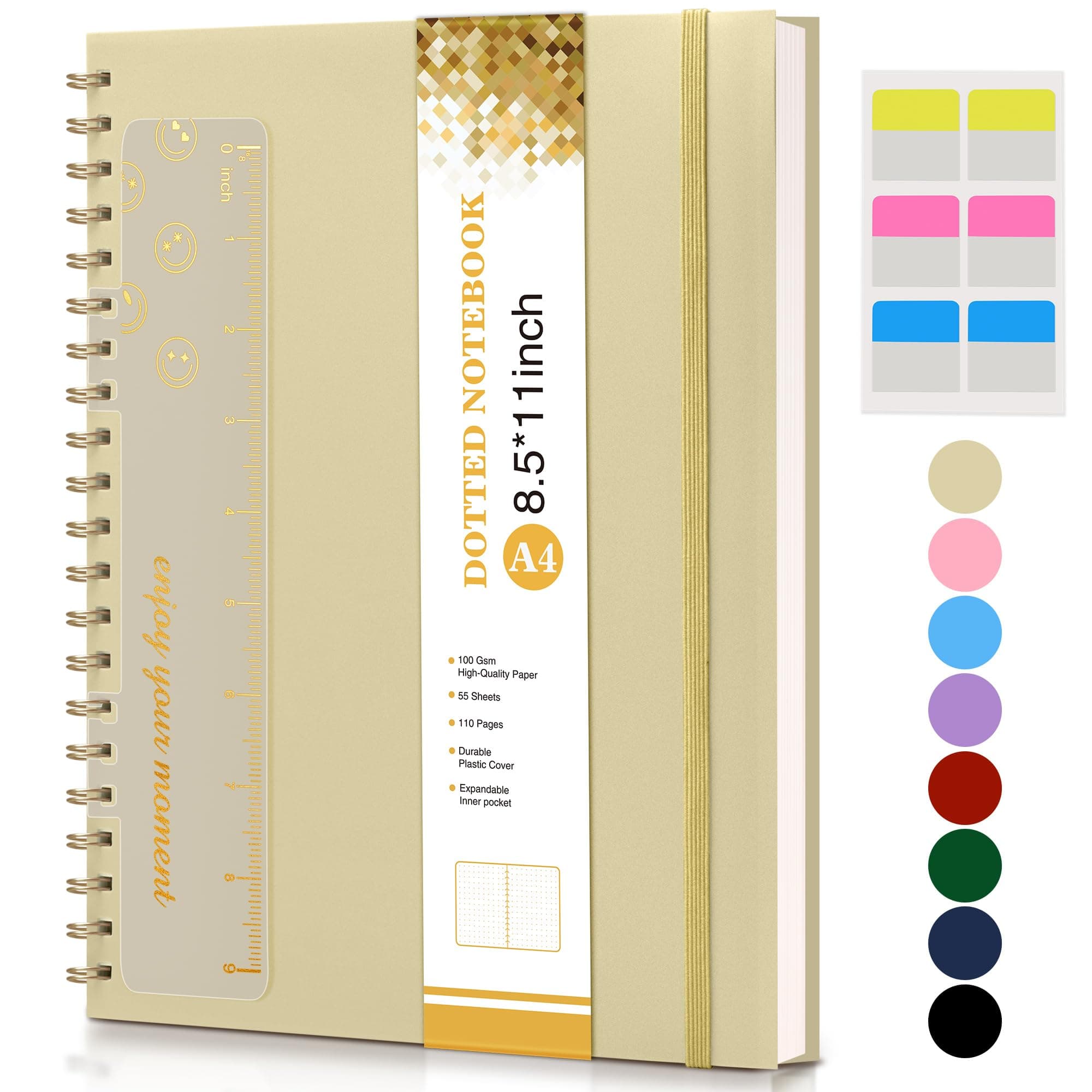 Dotted Notebook, Spiral Notebook Journal 8.5” x 11”, A4 Large Dot Grid Notebooks for Women Men, 100 GSM Dotted Paper, Plastic Hardcover Spiral Bullet Journals for Work School Sketching, Yellow