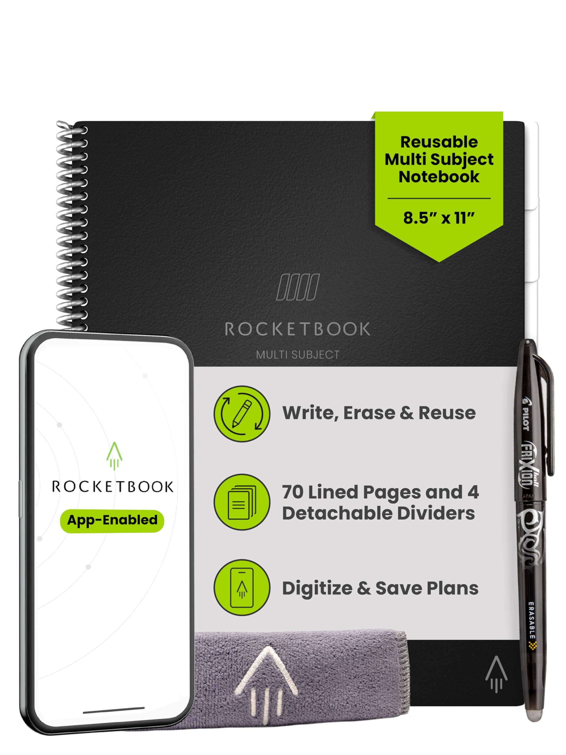 Rocketbook Multi-Subject Reusable Smart Notebook, Notebook For School and Work, 70 Lined Pages Multi-Subject, 4 Adjustable Dividers, Letter Size 8.5x11, Black