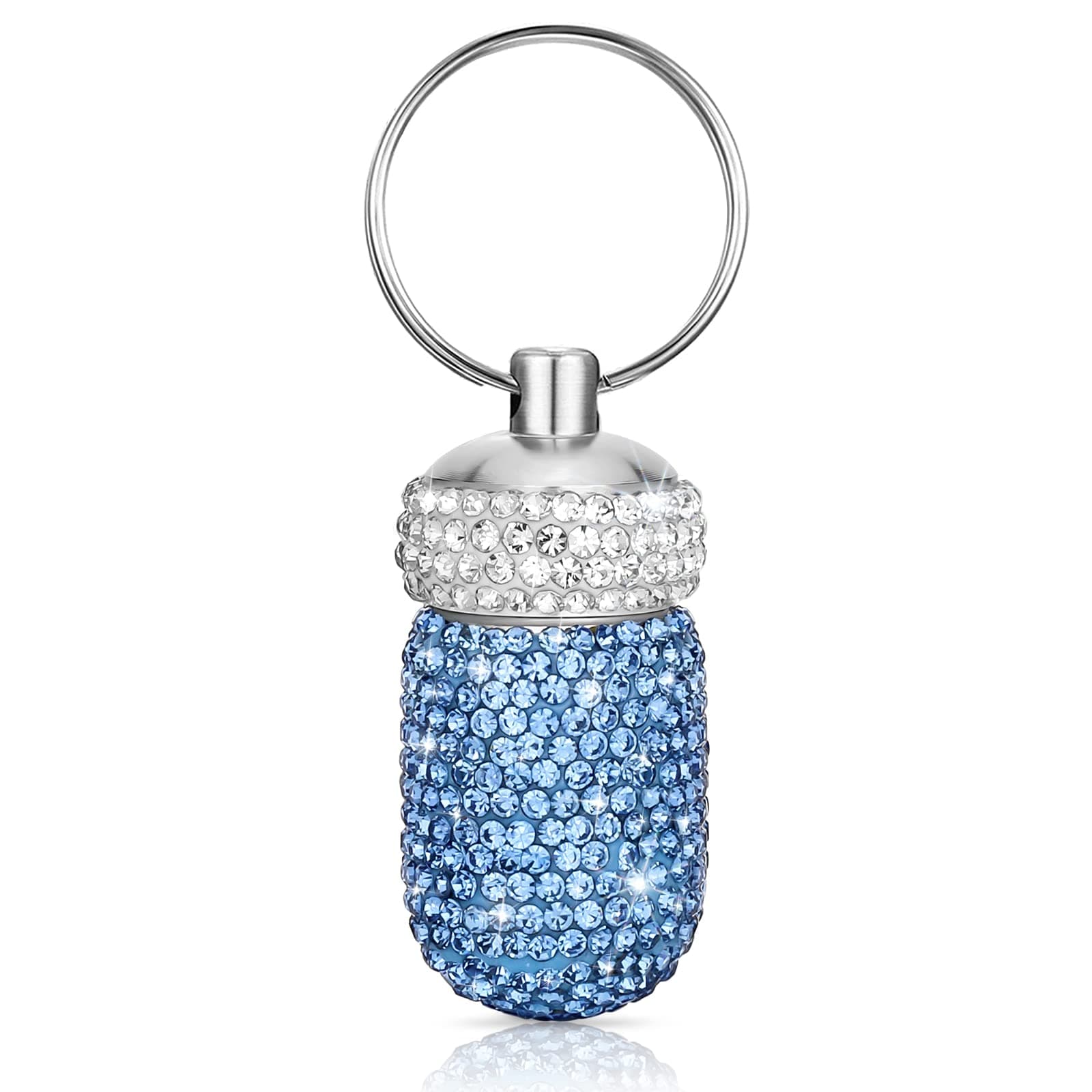 SoleebeePortable Bling Keychain Pill Box, Small Travel Pill Case Organizer, Outdoor Waterproof Pill Container, Crystal Diamond Medicine Bottle, Pill Bottle Keychain (Light Blue)
