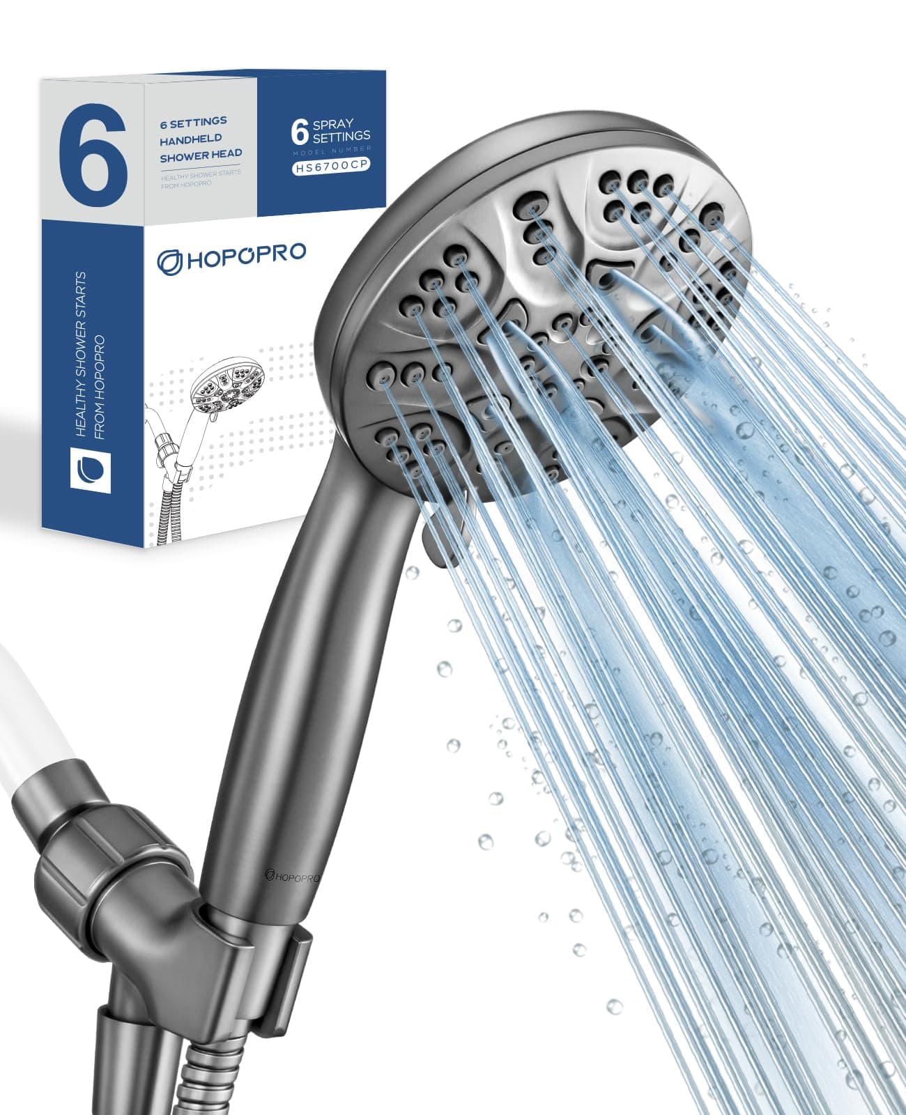 6-Mode High Pressure Handheld Shower Head Set, Consumer Reports Recommended HOPOPRO High Flow Hand Held Showerhead with 59 Inch Hose Bracket Teflon Tape Rubber Washers