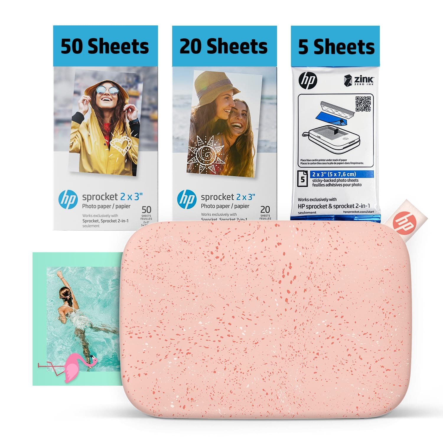 Sprocket 2x3 Instant Smartphone Photo Printer 75 Sheets Bundle - Bluetooth Portable Color Wireless Mobile Printer (Pink) Zink Sticky-Back Photos
