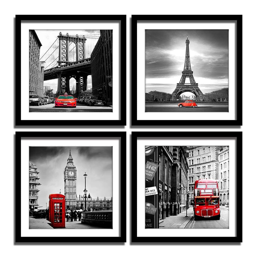 ENGLANT 4 Pieces Framed Canvas Wall Art, Black White and Red Wall Decor Landscape Poster with Eiffel Tower, Brooklyn Bridge, London Big Ben Picture for Bedroom and Bathroom