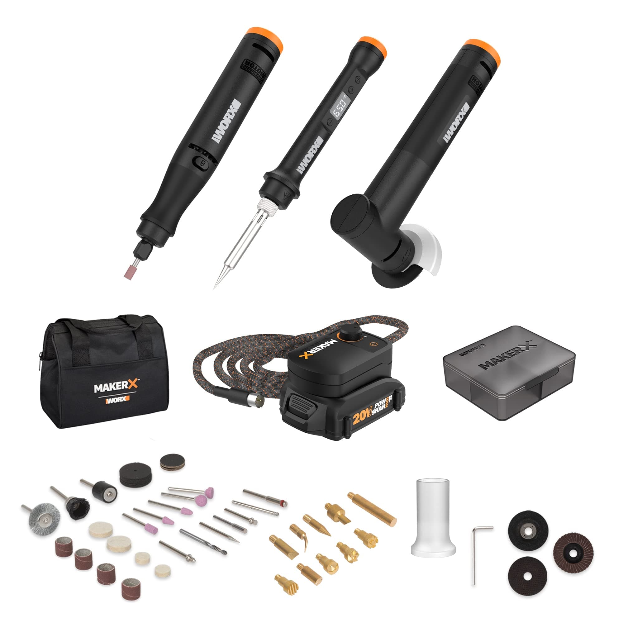 Worx MAKERX WX991L 3pc Crafting Tool Combo Kit - Rotary Tool + Angle Grinder + Wood & Metal Crafter
