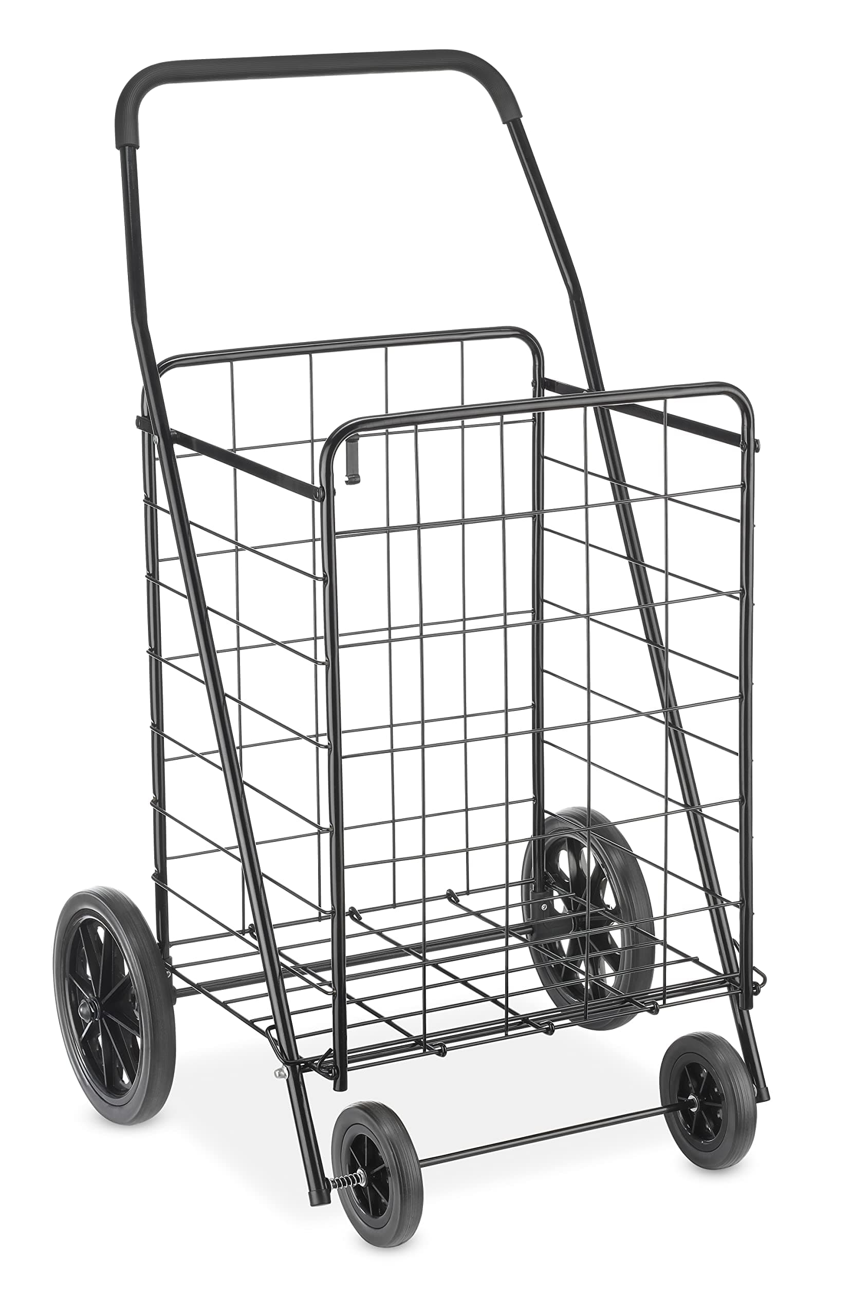 Whitmor Extra Large Utility Foldable Shopping Cart with Wheels, 100 Lb Capacity, Heavy Duty Grocery Cart with Steel Frame, Foam Handle, Rolling Collapsible Utility Trolley for Grocery, Laundry, Black