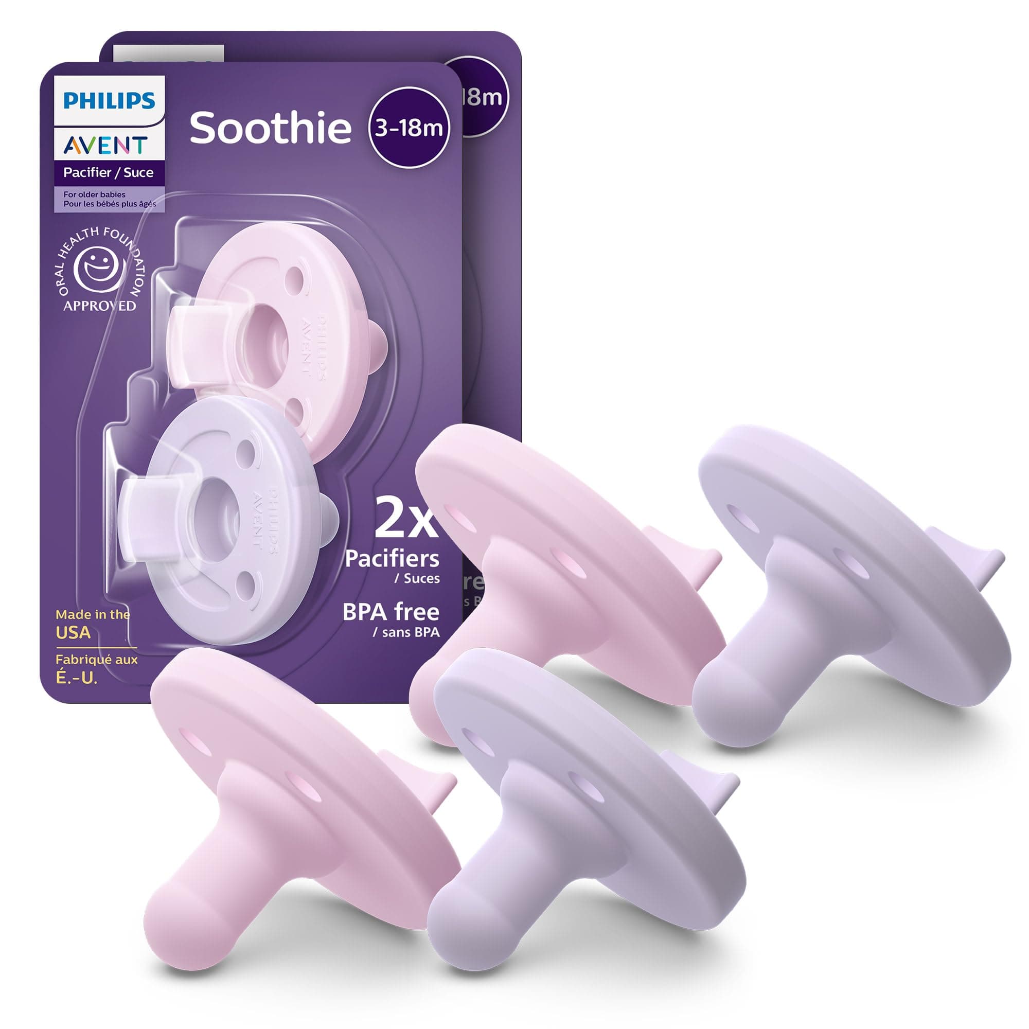 Soothie Baby Pacifiers - 100% Silicone Pacifiers for Babies 3-18 Months, One-piece Design, BPA-Free, Extra Durable, Lilac and Pink, 4 Pack, Model SCF192/70