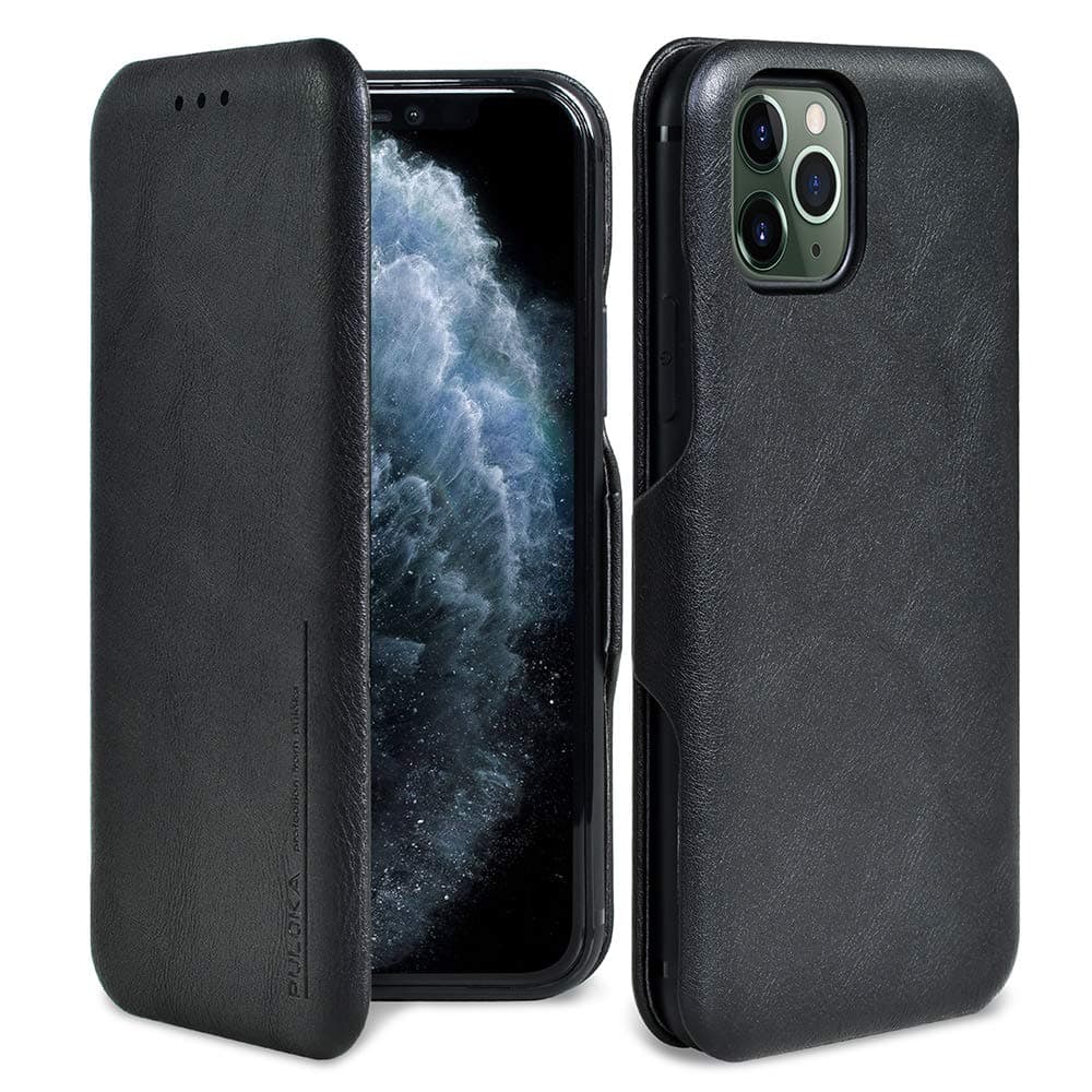 iPhone 11 Pro Max Flip Case Slim - PULOKA Premium PU Leather Folio Cover with Credit Card Case Ultra Thin Wallet Magnetic Closure for iPhone 11 Pro Max (6.5")-Black