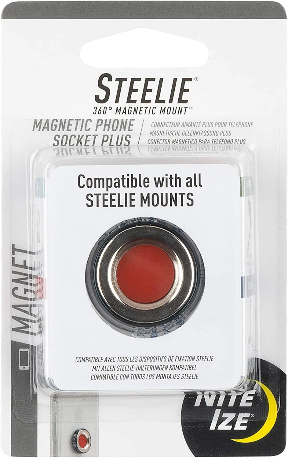 Nite Ize Steelie Magnetic Phone Socket Plus - Dashboard Phone Mount Socket with Strong Magnet - Phone Holder Accessory Compatible with Steelie Phone Mounting Systems - Grey