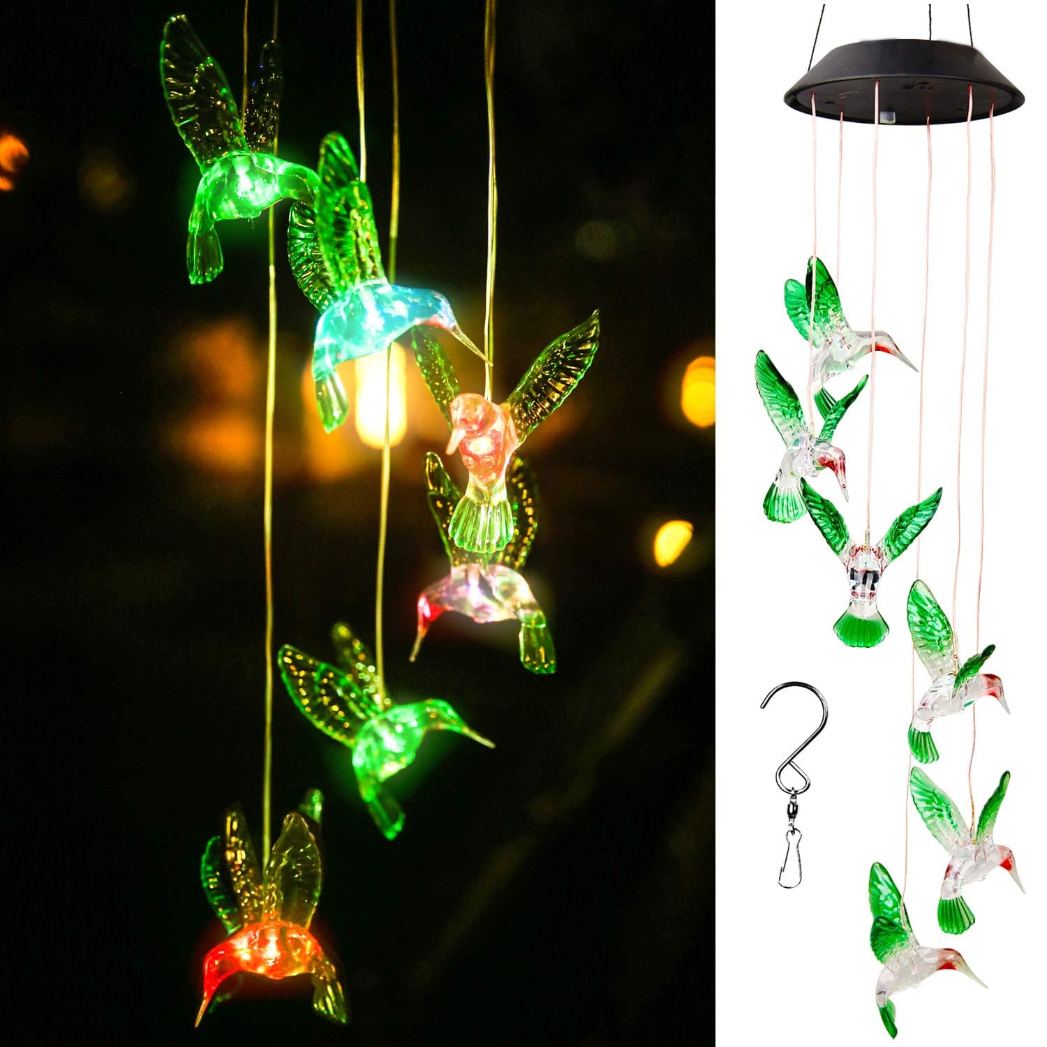 WERTIOO Solar Hummingbird Wind Chime Color Changing Solar LED String Lights Outdoor Mobile Hanging Patio Light