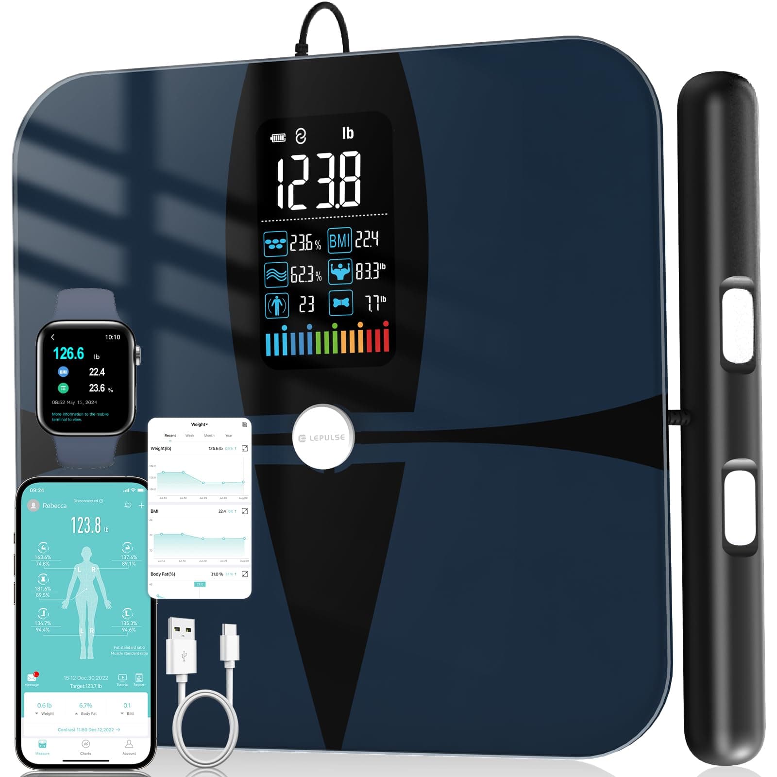 Body Scale with Segmental Fat & Muscle Analysis, 8-in-1 Large Display, Smart Connectivity, Composition Analysis, Black