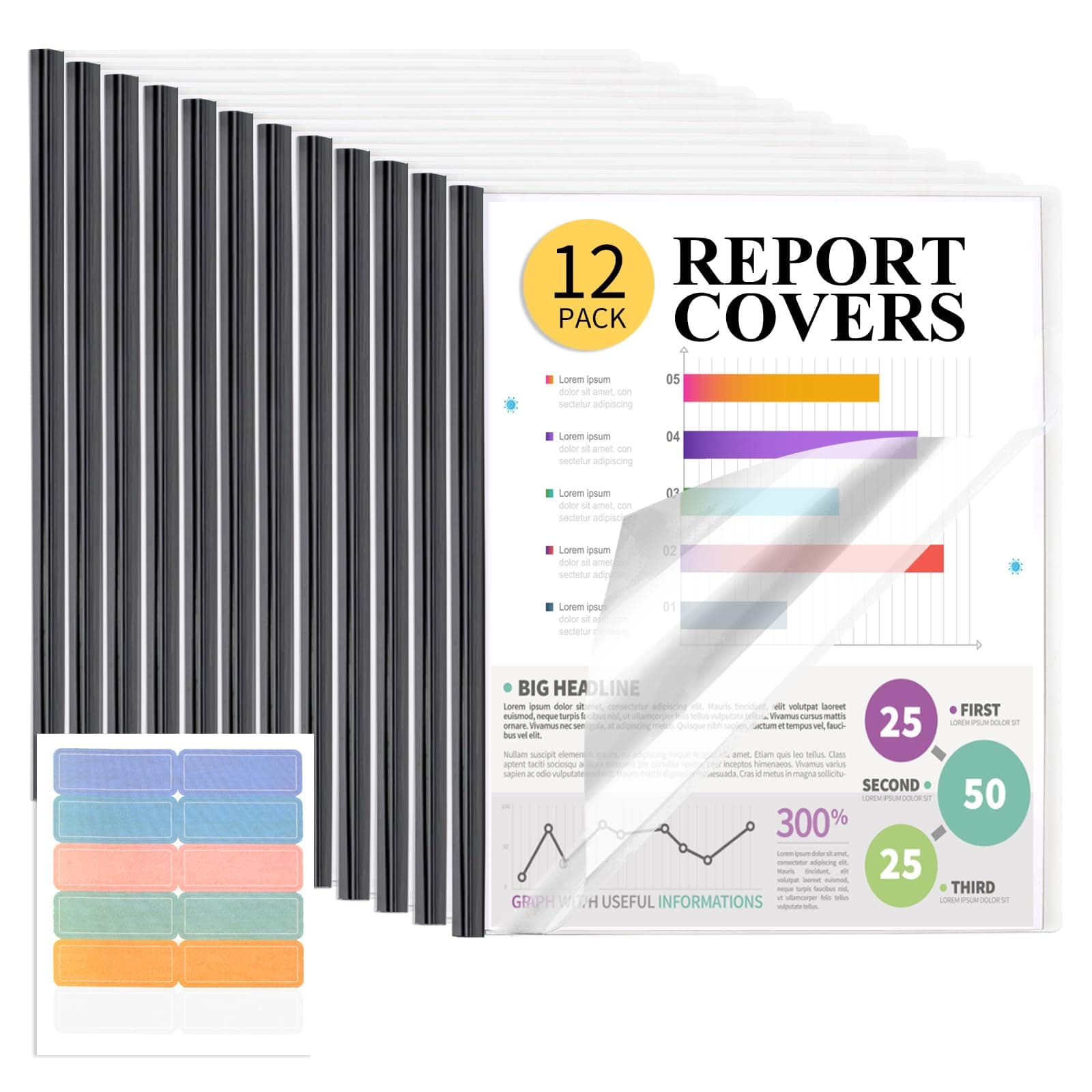 Utron12 Pack Report Covers, 70 Sheet Capacity Presentation Folders, Port Folder for A4 and Letter Size Paper, Clear Report Covers with Sliding Bar