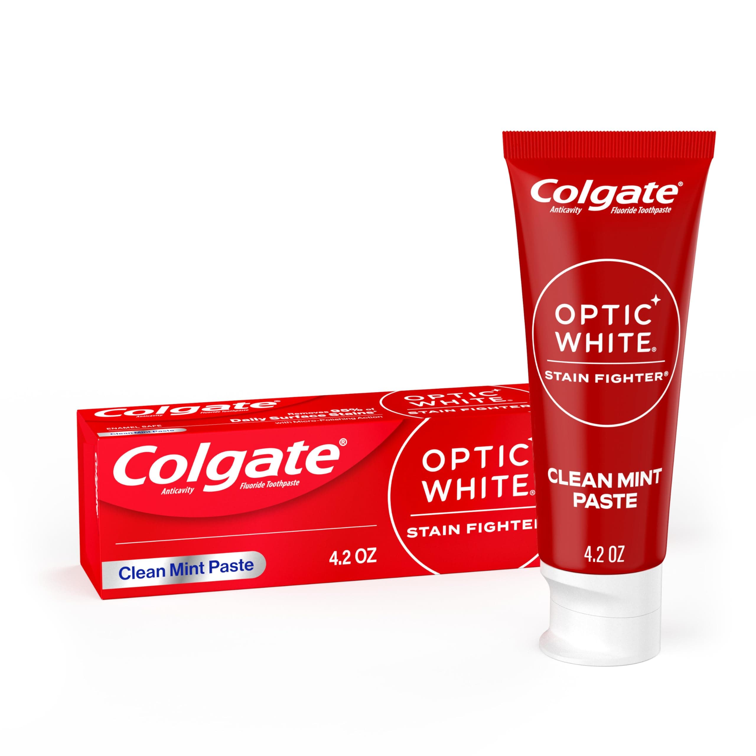 Optic White Stain Fighter Teeth Whitening Toothpaste, Anticavity Fluoride Toothpaste for Whitening Teeth, Helps Remove Daily Surface Stains, Clean Mint Paste, 4 Pack, 4.2 oz