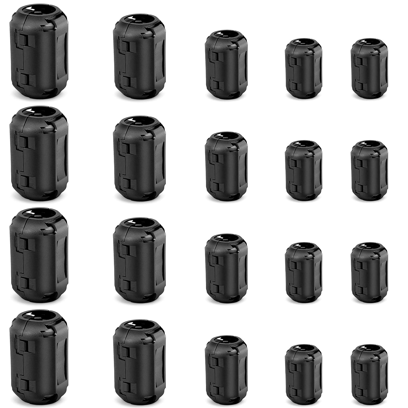 Dreamtop Ferrite Core Ferrite Beads - 20Pcs Ferrite Choke Ferrite Clip-on Black RFI EMI Noise Suppressor with 3.5mm 5mm 7mm 9mm 13mm Inner Diameter for USB/Audio/Video Cable Power Cord