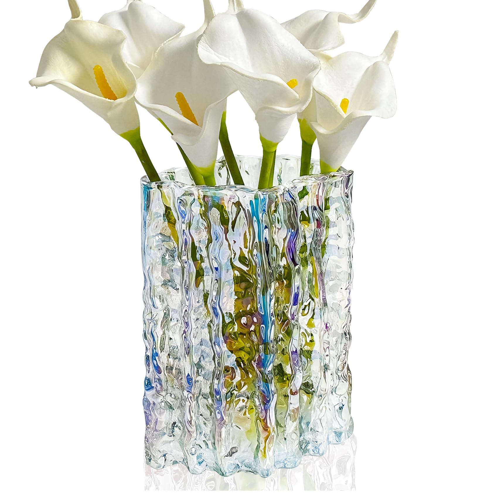 Aoderun Glass Vase Crystal Vase Heavy Duty Large Flower Vase for Dining Table Kitchen Office Home Shelf Wedding Living Room Centerpieces(Iridescent Clear)