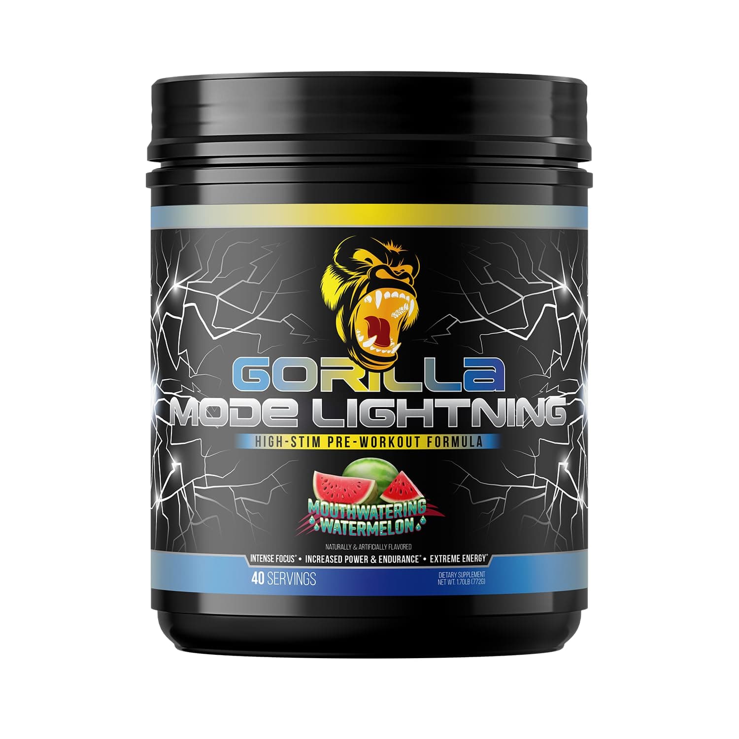 Gorilla Mode Lightning Pre-Workout - Extreme Energy · Laser Focus · Powerful Pumps · Peak Performance - 550mg Caffeine, 13500mg L-Tyrosine, Alpha-GPC– 772g (Mouthwatering Watermelon)