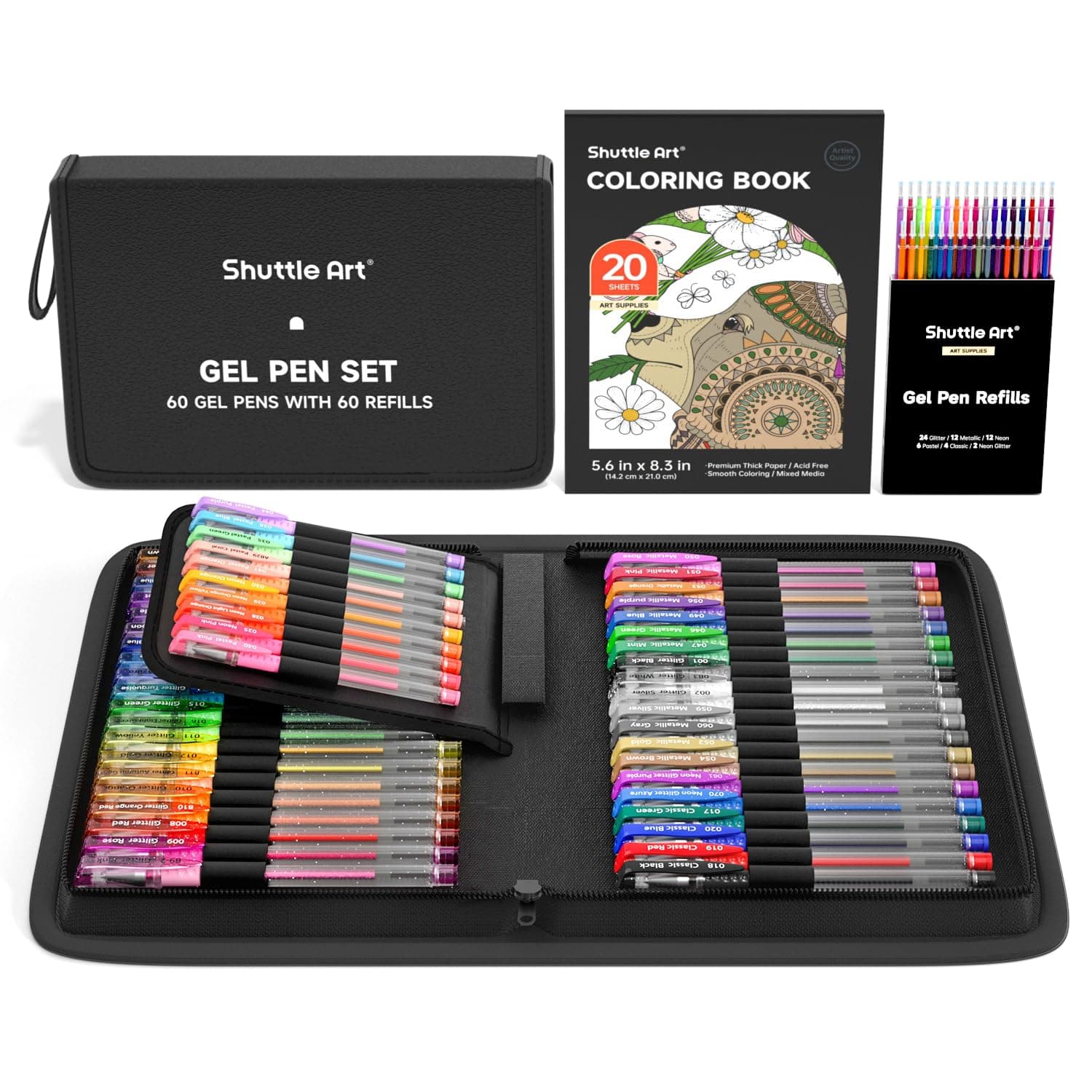Shuttle Art Gel Pens, 120 Pack Gel Pen Set 60 Coloured Gel Pen with 60 Refills for Adults Colouring Books Drawing Doodling Crafts Scrapbooking Journaling