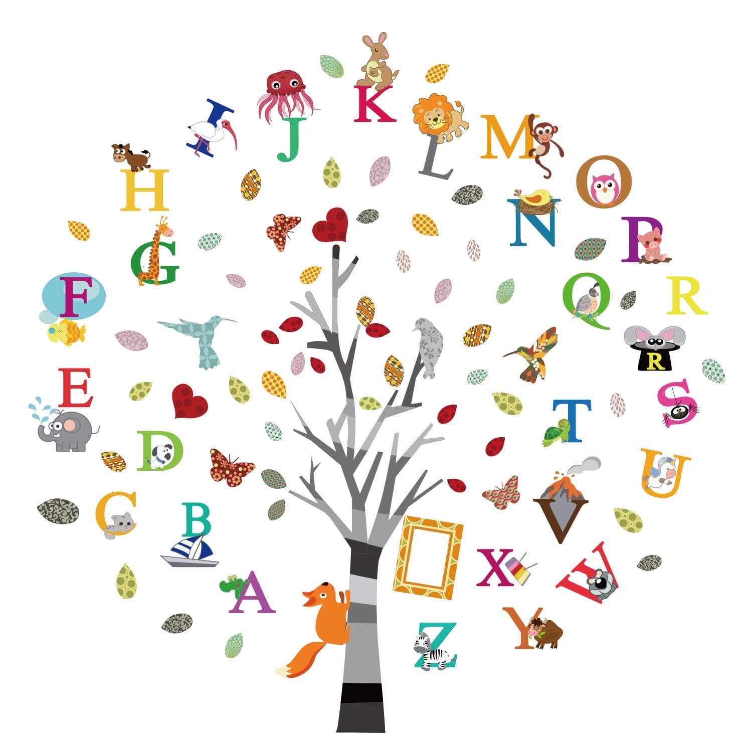 Alphabet ABC Tree Wall Stickers Animals Letters Wall Decals Wall Decor for Kids Bedroom Nursery Living Room