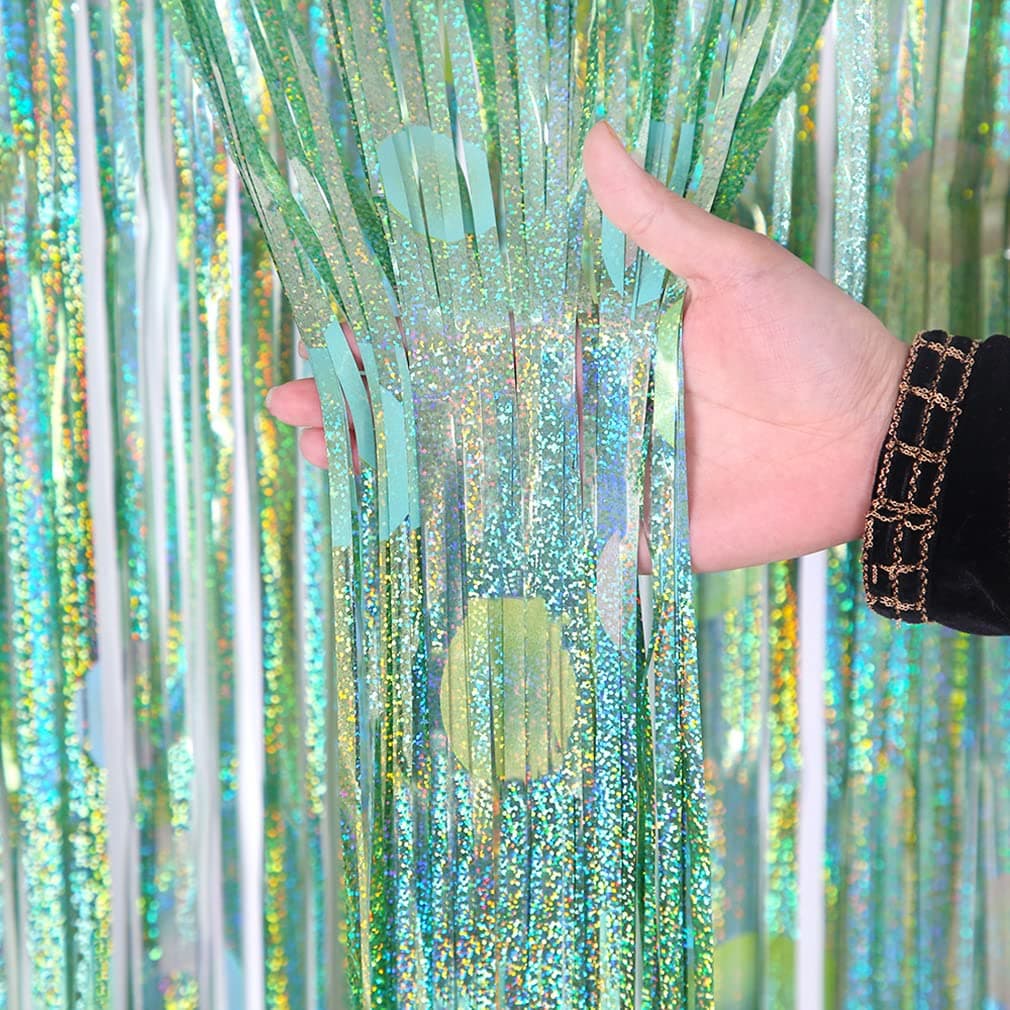 Bcbast 2 Pack 3.3ft×8.2ft Green Metal Tinsel Curtain Backdrop Door Curtain for Graduation Baby Shower Bachelorette Wedding Party Decoration Event Stage Show Background Green