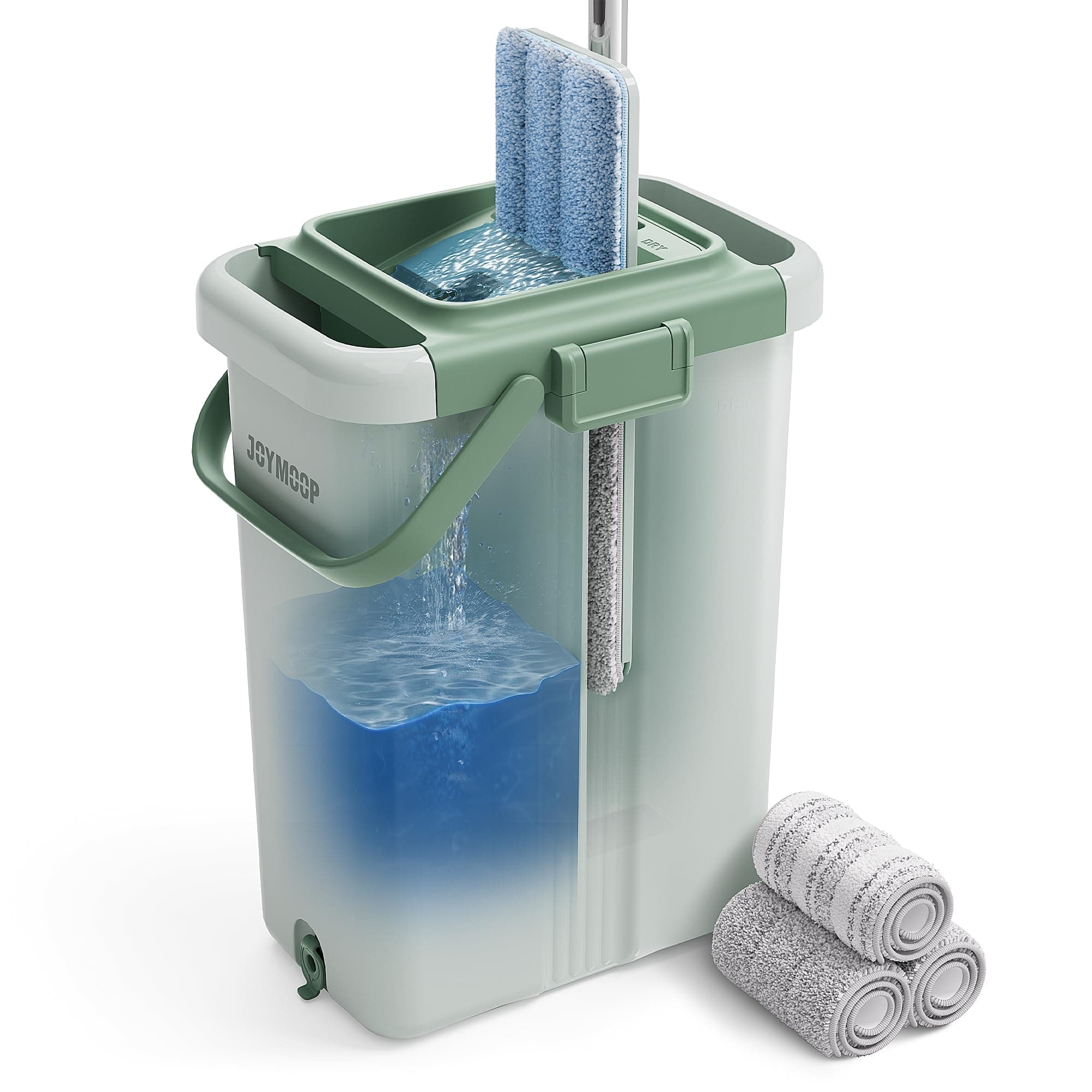 JOYMOOP Mop and Bucket with Wringer Set, Flat Squeeze Mop with Bucket (X-Large), Dust Mop for Wall Cleaner with Long Handle, Microfiber Mop - Green Bucket with 3 Reusable 15" Pads