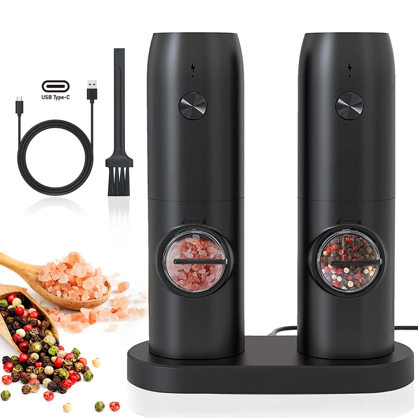 TDOO 2 Pack Electric Salt And Pepper Grinder Set With LED Light, 5 Adjustable Coarseness, Type-C Rechargeable Automatic Pepper Mill With Charging Base, 70ml Large Capacity
