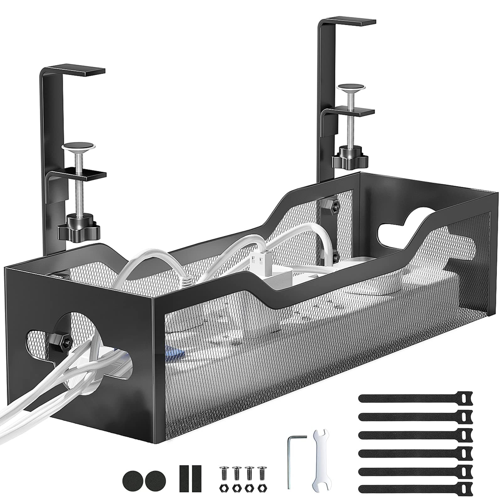 Litwaro Under Desk Cable Management Tray No Drill, 2 Hole Cable Management Under Desk with Clamp Mount, Mesh Cable Tray with Desk Wire Management and Desk Cord Organizer for Home Office Standing Desk
