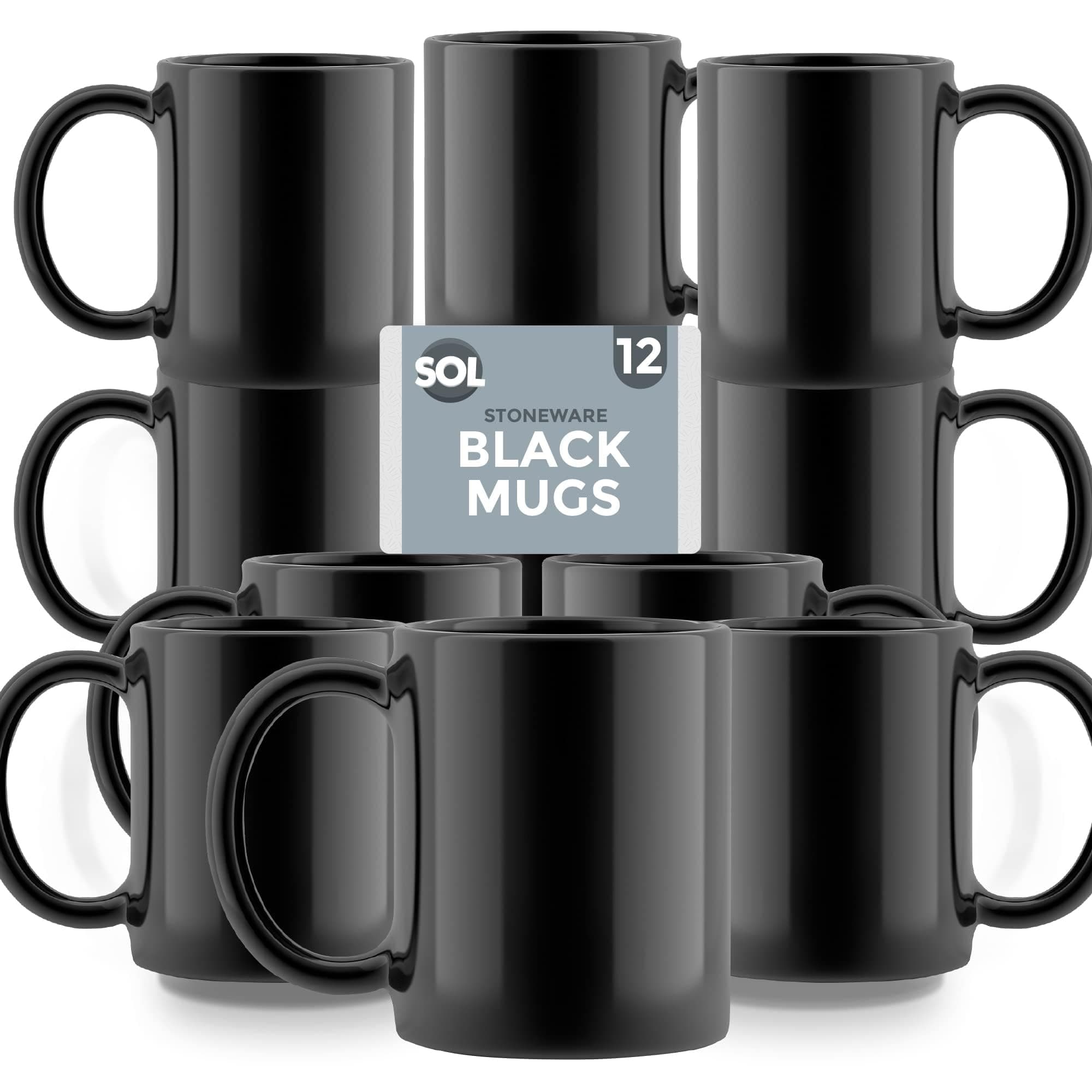 SOL 12pk Stoneware Black Mugs 11oz Ceramic Cups for Tea and Coffee Durable Drinkware Set for Home Office Café Restaurant Stackable Design Microwave and Dishwasher Safe Suitable for Hot Beverages