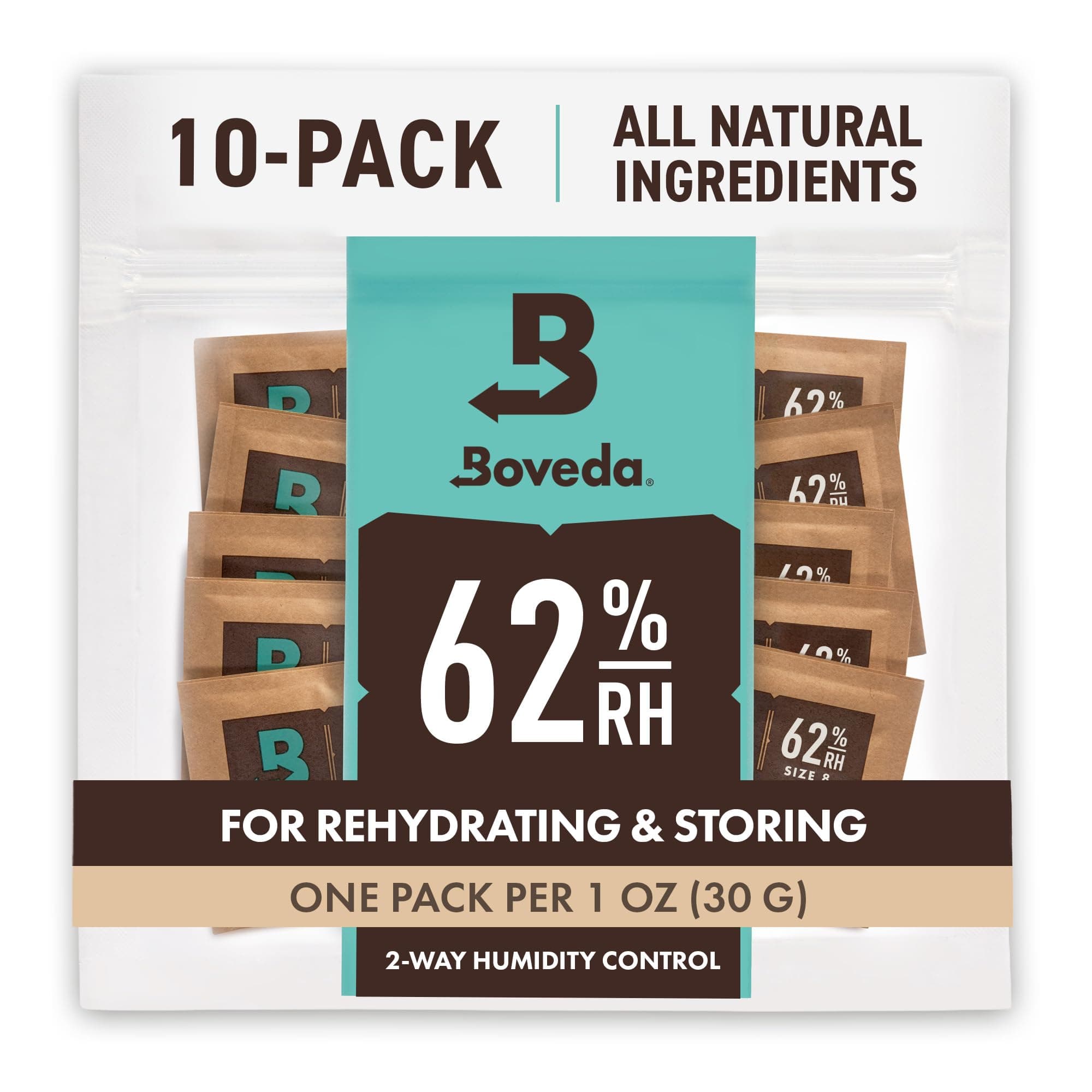 Boveda Herb Storage 62-RH 2-Way Moisture Control Size 8 Protection up to 1 oz (30 grams) Flower Proof Terpenes Loss Over Dried and Molded 10-Count Resealable Bags 10