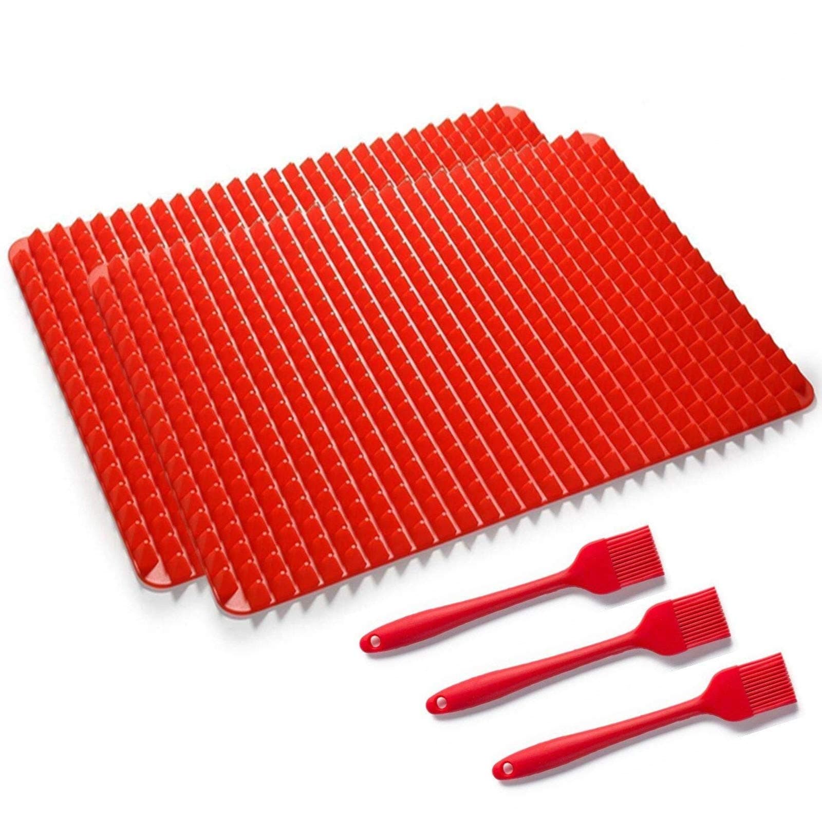 Diamond Chef Silicone Mat Baking Cooking Pyramid Oven Sheets Non-Stick Pastry 2 Pack with 3 Pcs Red Baking Brushes, Reducing Healthy Heat-Resistant for Grilling BBQ (2 Pack Red Mat + 3 Pcs Red Brush)