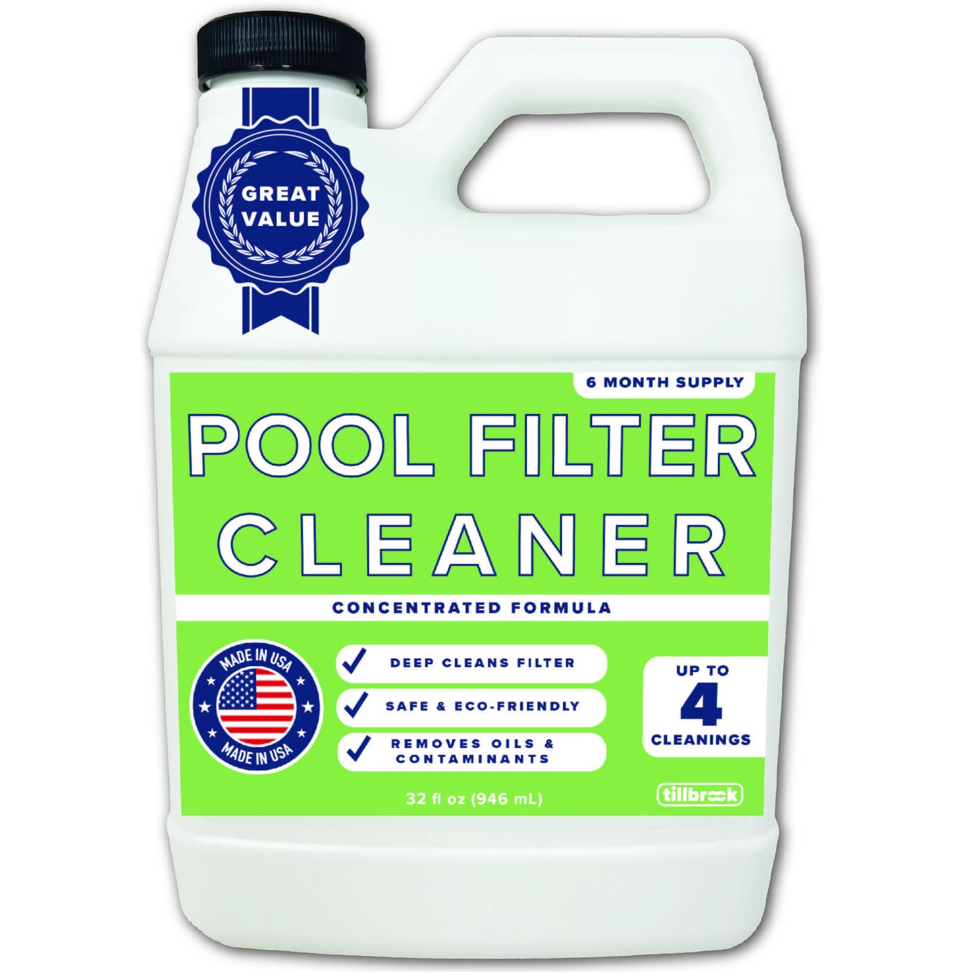 Pool Filter Cleaner - 6 MONTH SUPPLY - 2 to 4 Uses - 32 oz Concentrated Pool Cartridge Filter Cleaner - Removes Dirt, Grease, Oil - No Foam or Residue - Soak & Spray Cleaner - Safe, Natural, Effective