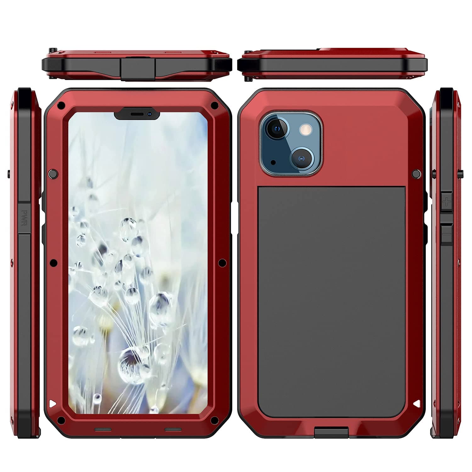 Marrkey for iPhone 13 Case, 360 Full Body Protective Cover Heavy Duty Shockproof Tough Armour Aluminum Alloy Metal Case with Silicone Built-in Screen Protector for Apple iPhone 13 6.1 Inch - Red