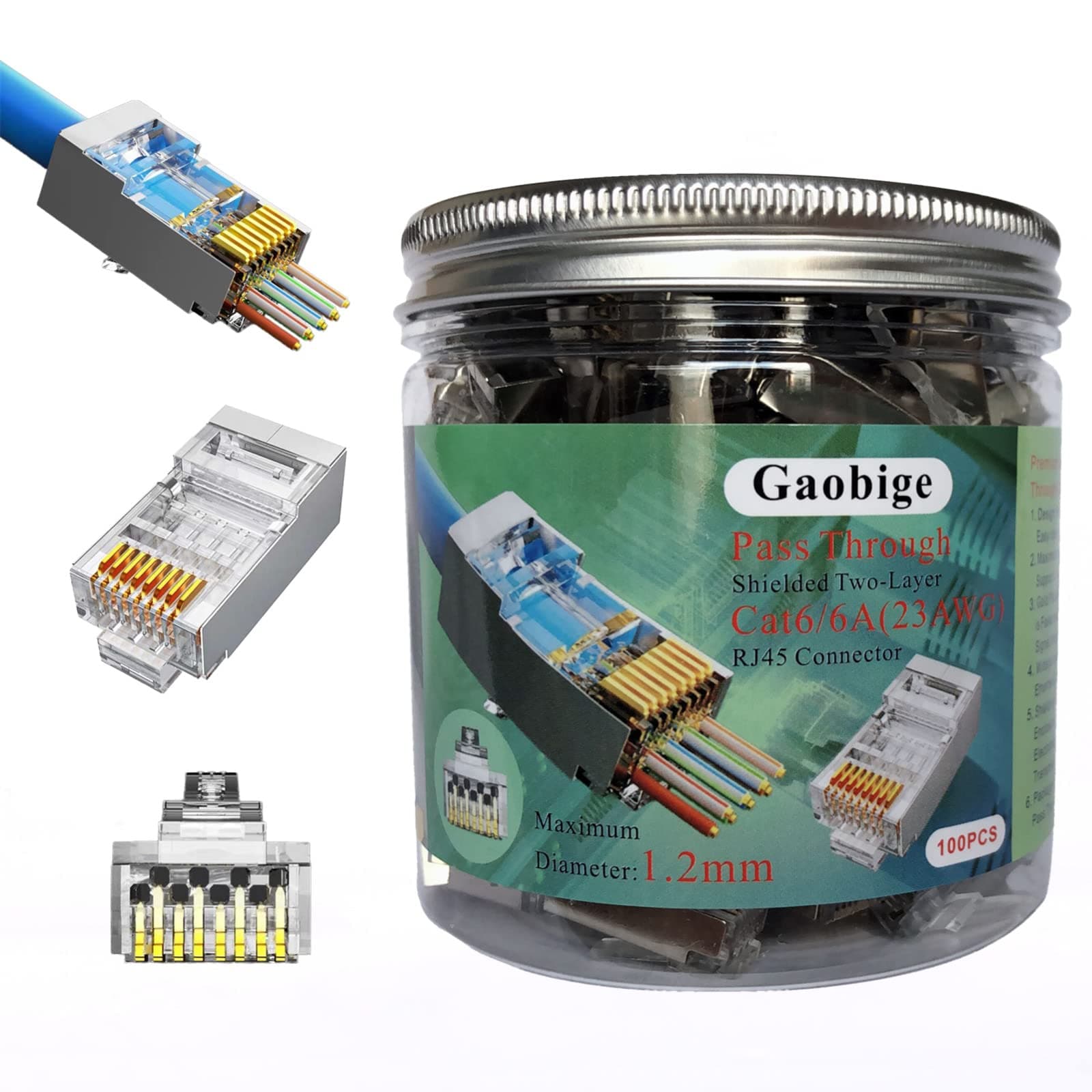 Gaobige 100-Pack Cat6 Cat6A RJ45 Pass Through Connectors Ends, 1.2mm Shielded Connectors for 23AWG Solid Wire and Standard Cable