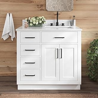 ARIEL Hepburn 36-inch Bathroom Vanity with Sink,Solid Wood, 0.75-inch Italian Carrara Marble Countertop, Single Rectangular Porcelain Sink, 2 Soft Closing Doors, 5 Dovetail Drawers, White