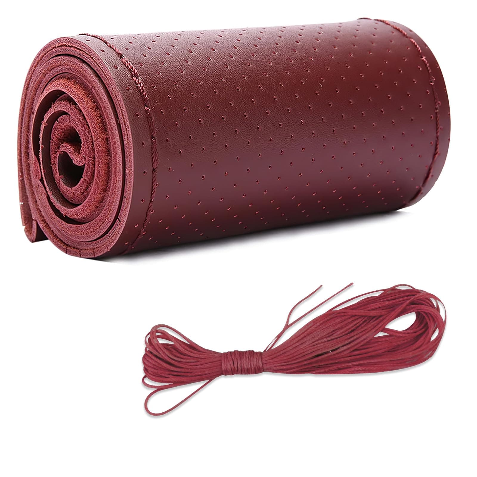 Leather Steering Wheel Cover, DIY Sewing with Needle & Thread, Breathable Anti-Slip Car Steering Wheel Protector, Universal 15 Inch Auto Steering Wheel Stitch on Wrap (Burgundy, Full Hole)