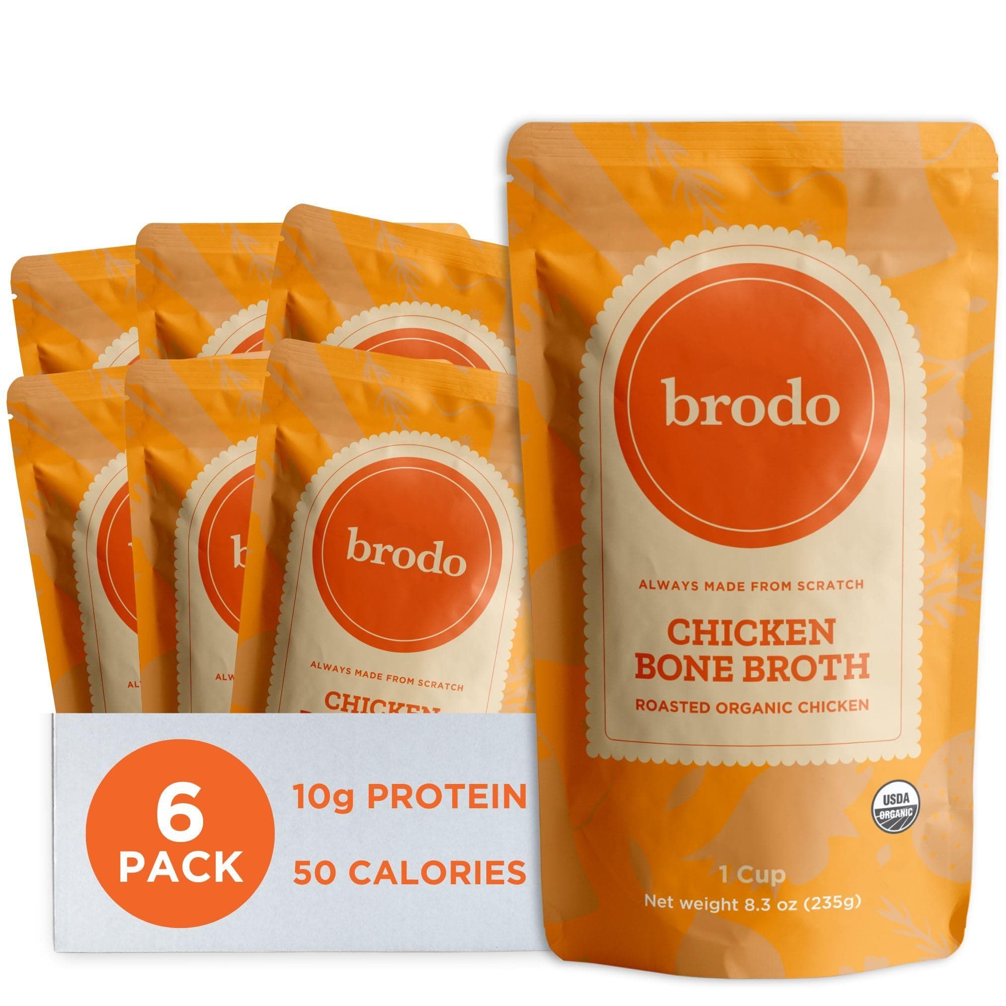 Brodo Organic Chicken Broth | Nutrient Dense, Chef Crafted Bone Broth in Single Serving Pouches | Not Made From Concentrate, No Preservatives (6x 8.3 oz Pouches)
