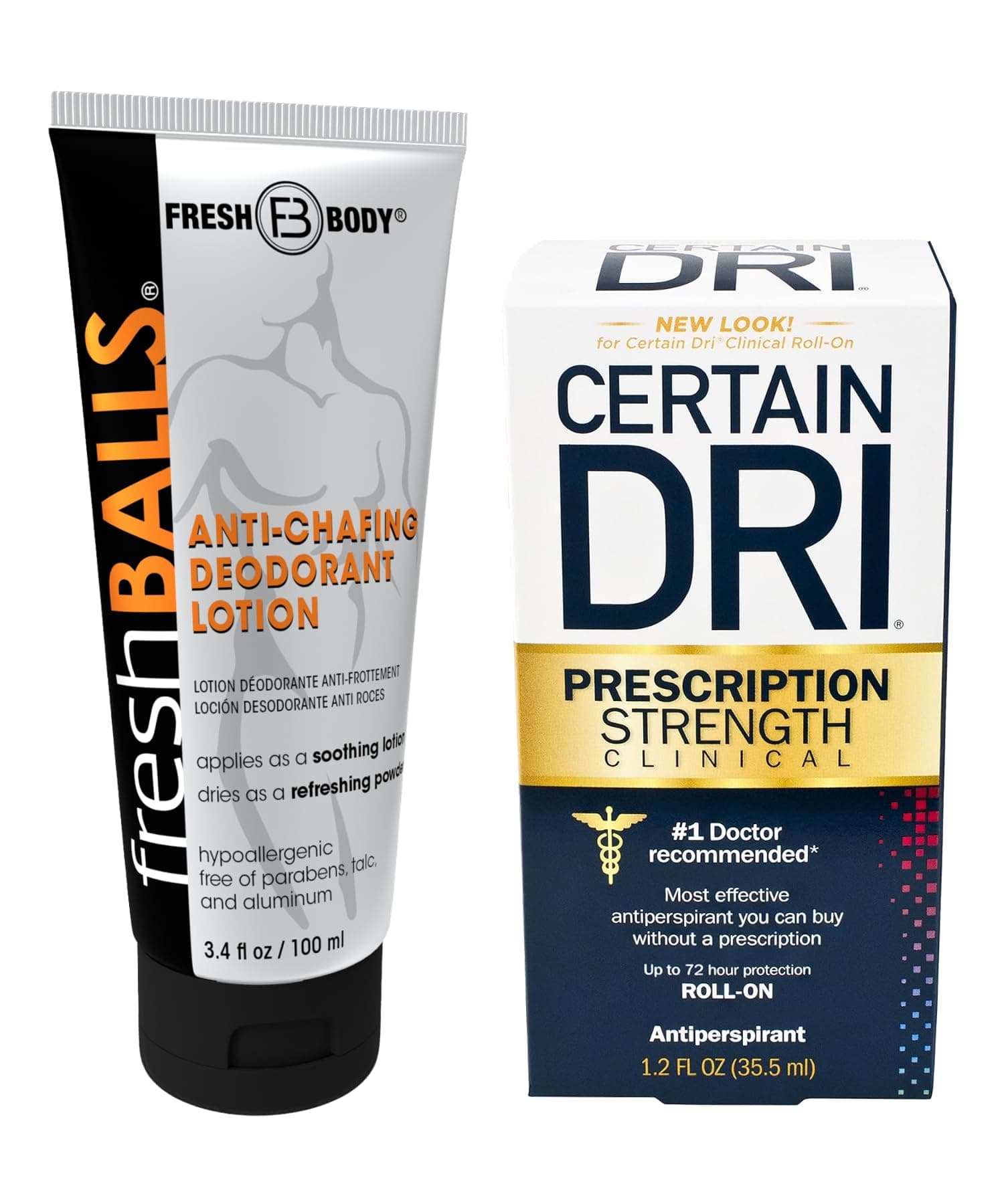 FRESH BALLS and Certain Dri 1.2 oz NO SWEAT BUNDLE Male Deodorant Anti-Sweat Hygiene Antiperspirant Kit!