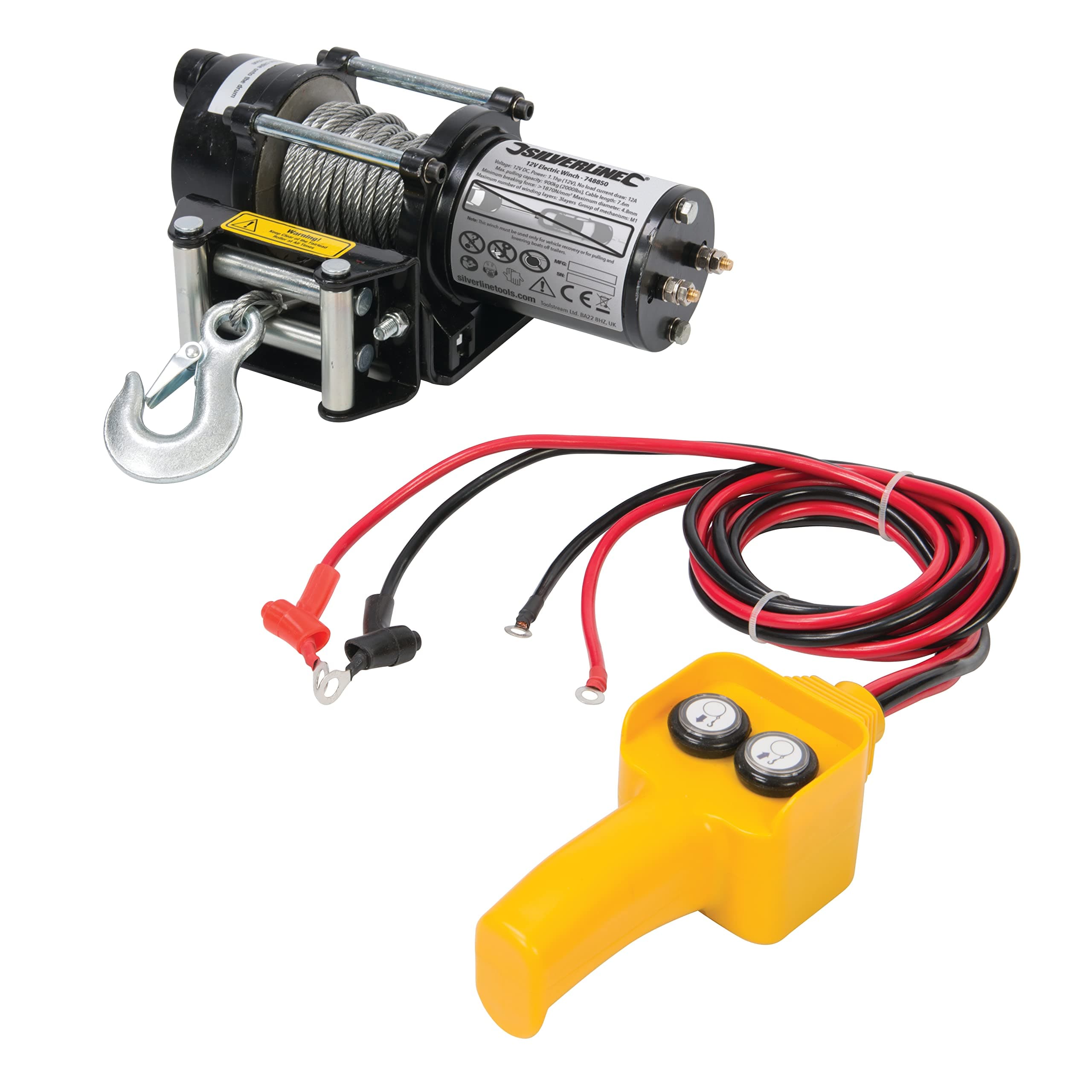 Silverline DIY Electric Winch – 12V, 900kg (2000lb) Pulling Capacity with Steel Cable & Hook (748850)