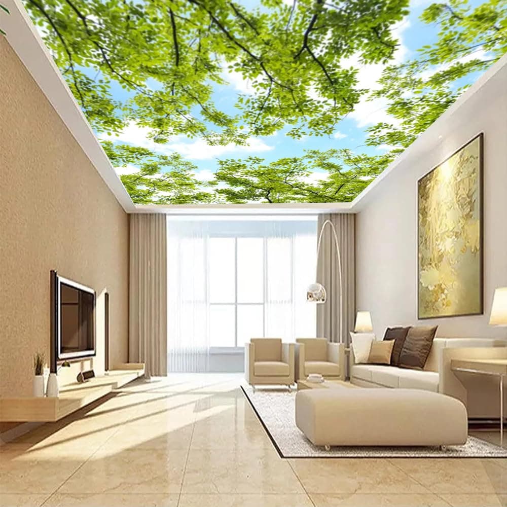 Custom Ceiling Peel and Stick Wallpaper 3D Forest Theme Sky Zenith Wall Mural Living Room Bedroom Forest Green Leafy Zenith Mural