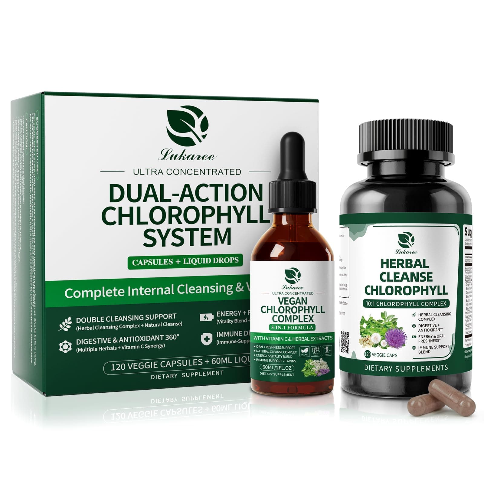 Lukaree Chlorophyll Liquid Drops & Capsules Combo, Dual Action Support for Cleansing, Energy & Oral Freshness, Immune Support, Internal Deodorant, Skin & Gut Health, Vegan, Sugar-Free, 2Oz + 120 Caps