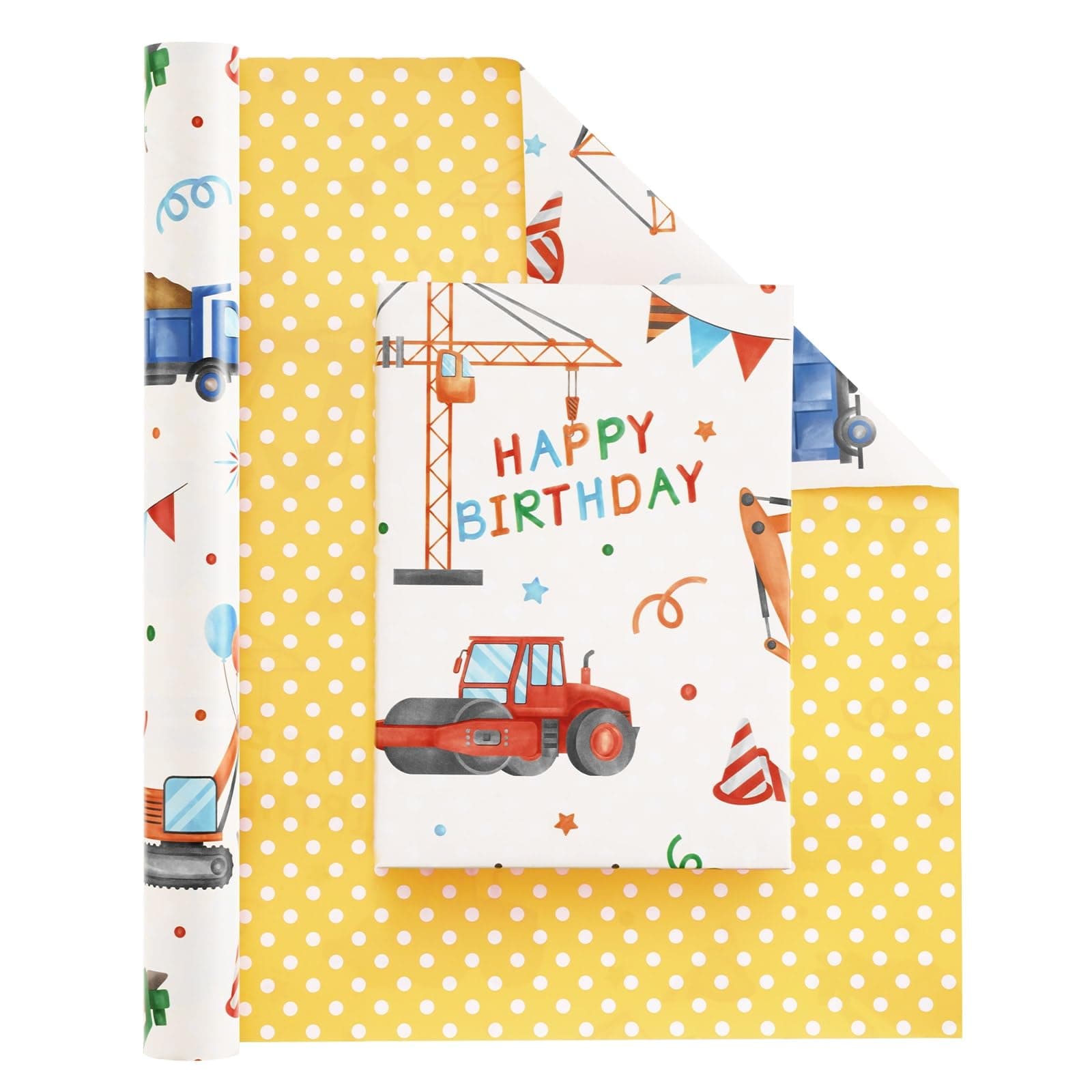 WERNNSAI Construction Ink Wrapping Paper Roll - 1 Roll 17” x 33 ft Truck Tractor Wrapping Paper Yellow Boy Birthday Wrapping Paper Construction Party Favor Gift Wrap, Reversible Polka Dot Design