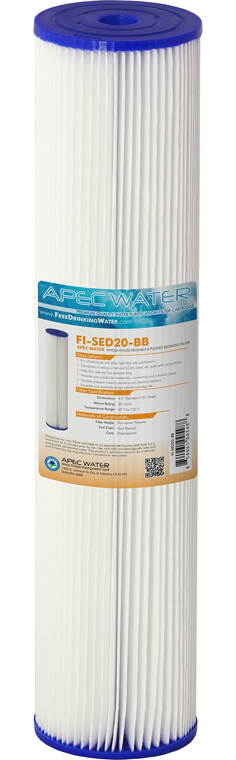 APEC Water Systems 20" Whole House Sediment Replacement Filter Reusable and Pleated (FI-SED20-BB)