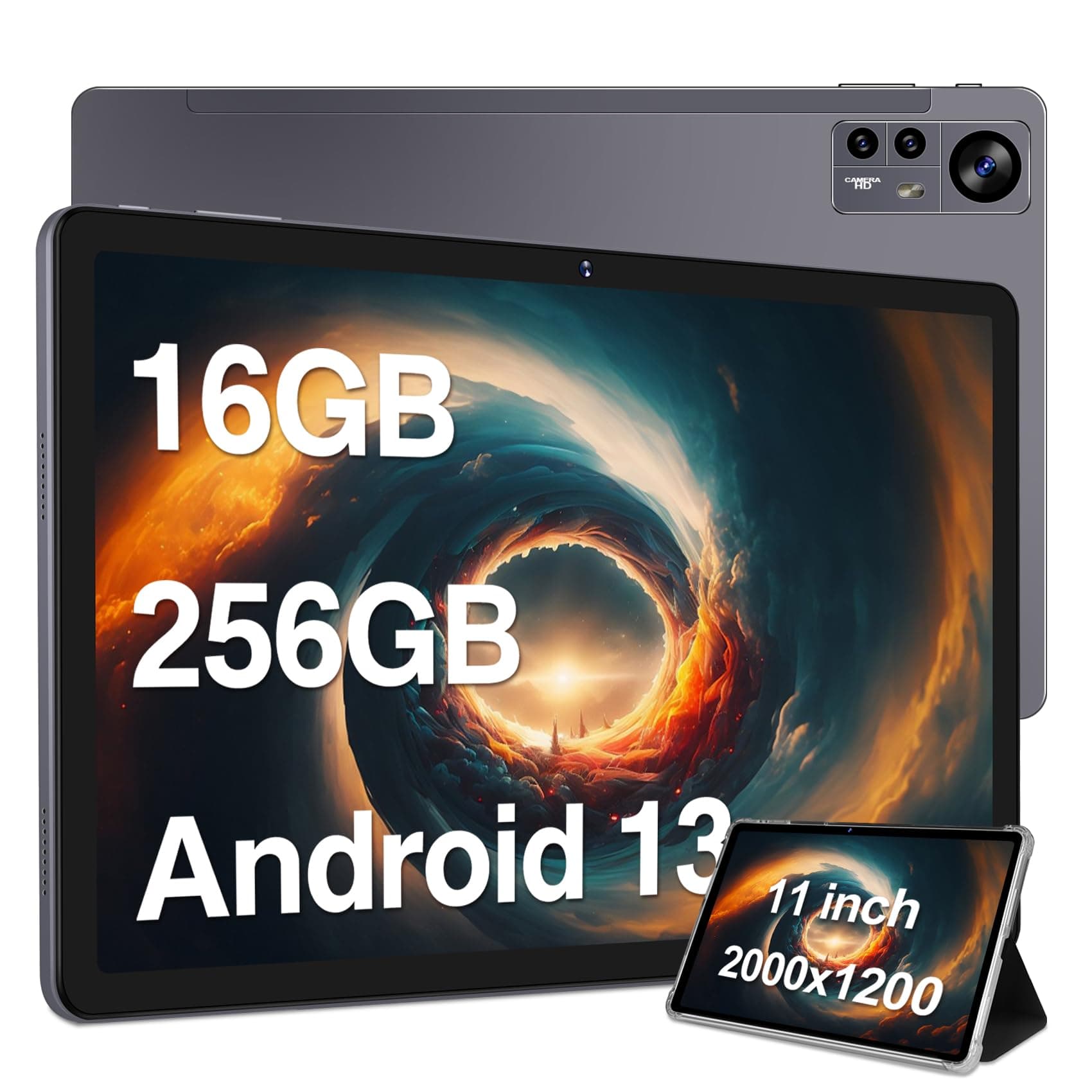 2024 Latest 11 inch Tablet Android 13 Tablets 16GB RAM 256GB ROM, 2K 2000 x 1200 Display, Octa-Core, 13MP Triple Camera, 8600mAh, Quad Speakers, 1TB Expand, 5G/2.4G WiFi,GPS,Bluetooth,with Case (Grey)