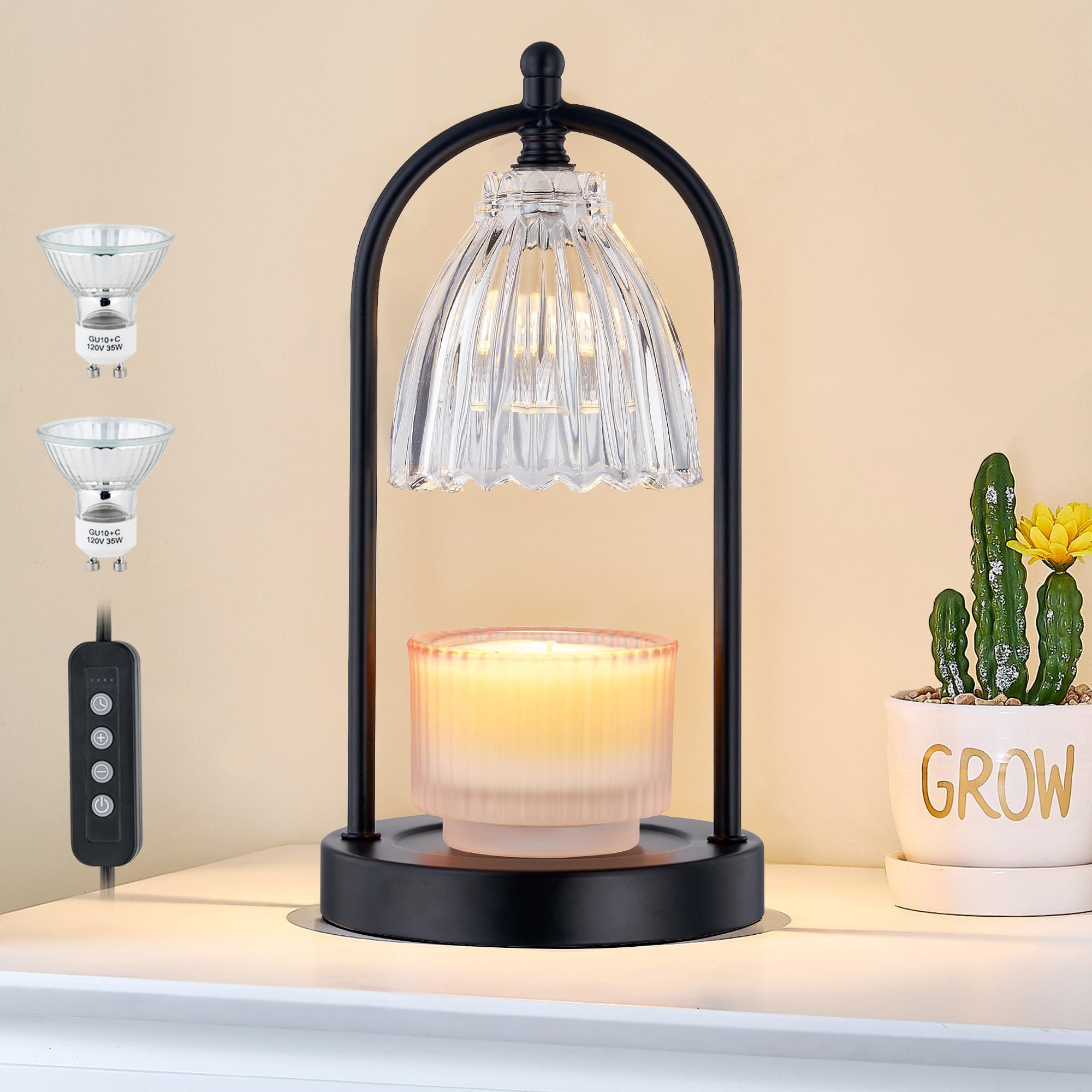 GyroVu Candle Warmer Lamp with Timer, 3-Level Dimmable Candle Lamps Vintage Glass Shade, Candle Warmer Light Wax Melt Warmer for Scented Wax, Black Warmer Lamp for Women Home Decor (2 Bulbs Included)