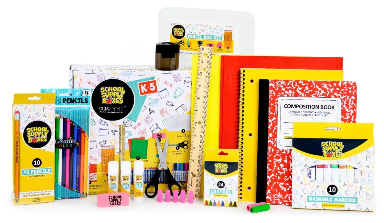 Back to School Supply Box Grades K-5 - School Supply Boxes - 32 Piece School Supplies Kit Includes Markers, Crayons, Pencils, Scissors, Folders, Glue Sticks, Notebook, and Composition Book