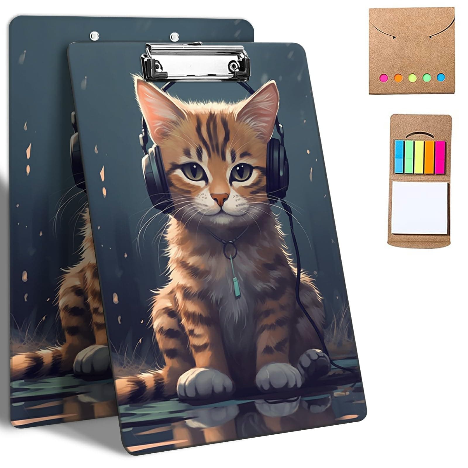 Plastic Clipboards, 9 x 12.5 Clip Boards with Low Profile Clip, Cute Clipboard Clip Board Stardard A4 Letter Size with Notes for Classroom,Office,Students,Women,Cat with Headphones
